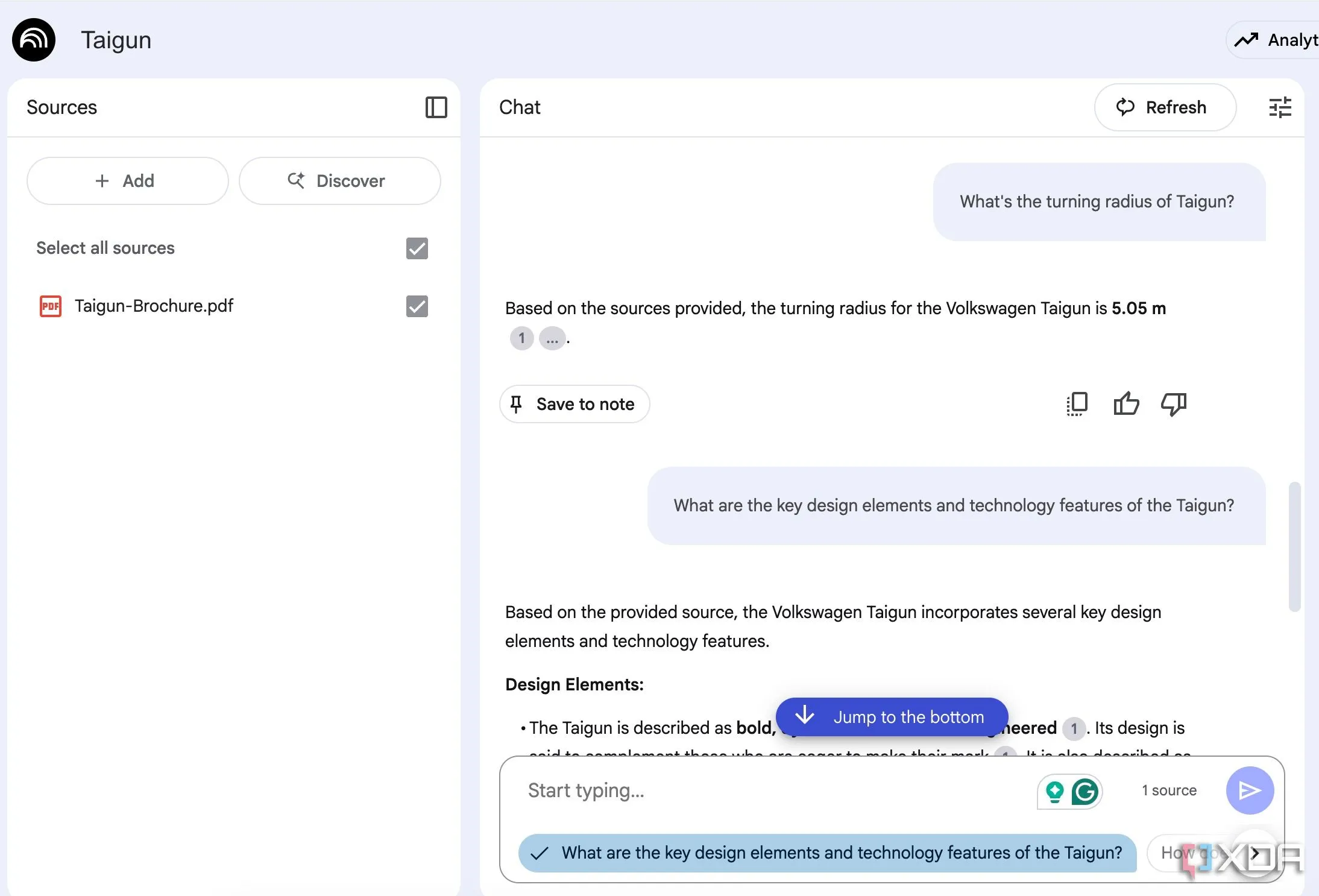 Giao diện NotebookLM khi phân tích và trích xuất thông tin từ tệp PDF dài.