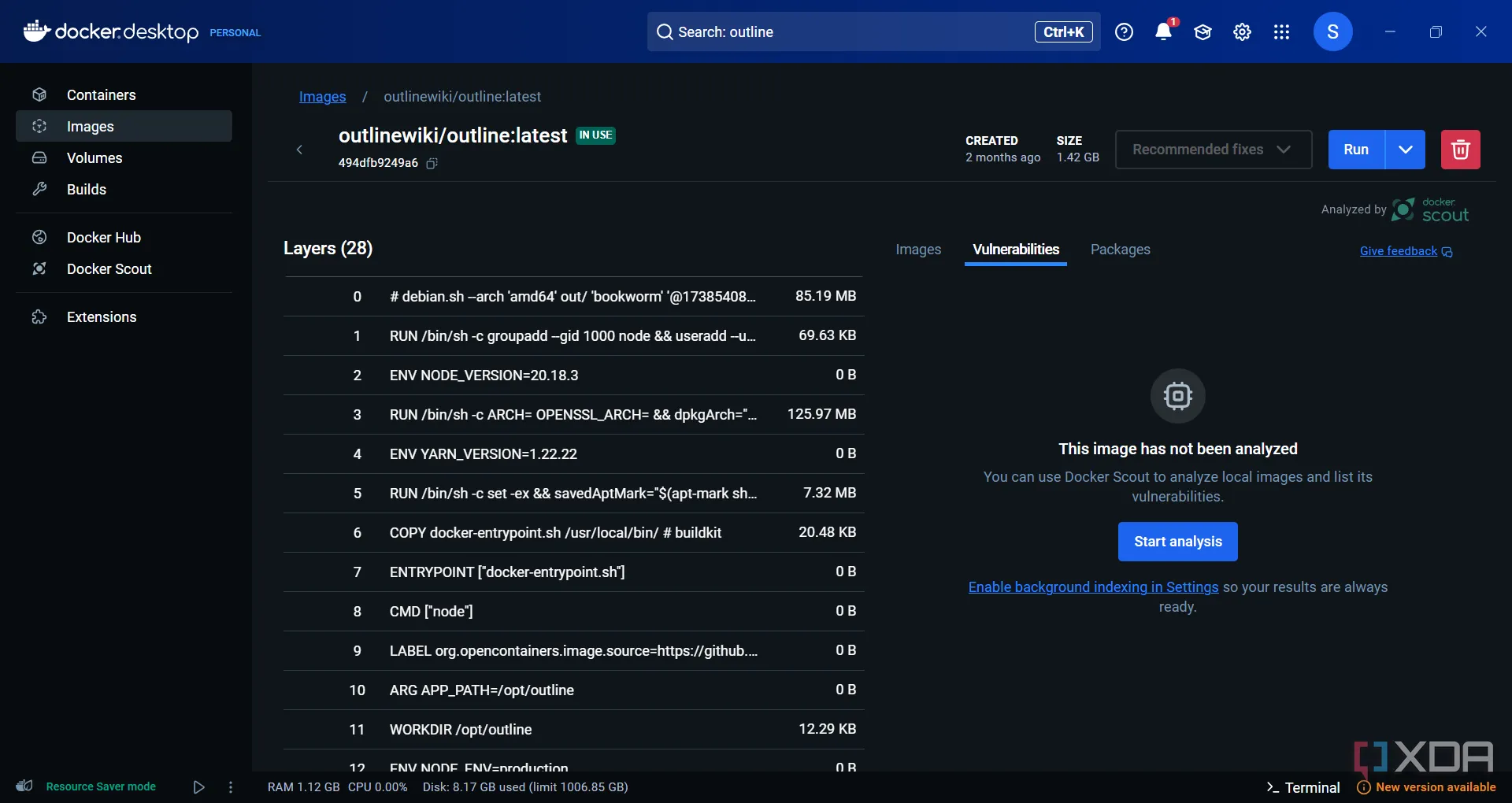 Giao diện Outline được tự host với Docker, thể hiện tính năng bảo mật