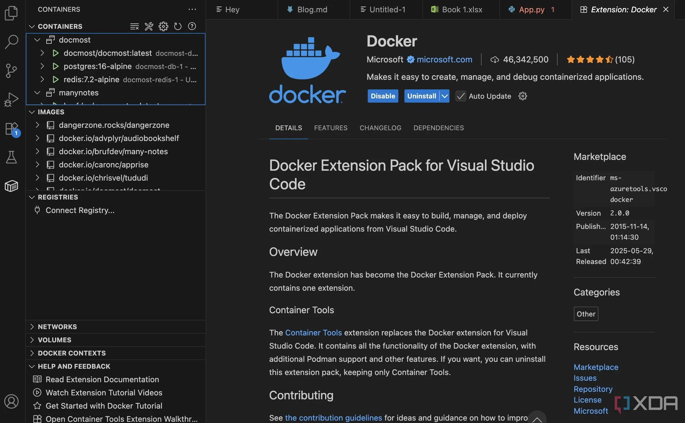Giao diện quản lý Docker trực quan trong VS Code, cho phép xem và tương tác với các container, images và volumes một cách dễ dàng.