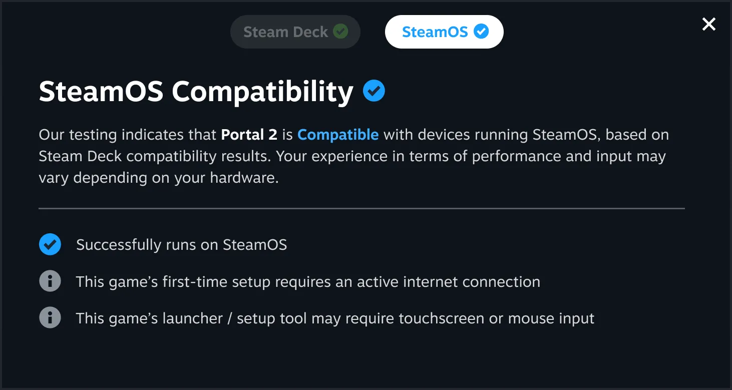 Giao diện Steam Deck hiển thị chi tiết trạng thái tương thích SteamOS và Verified của game.