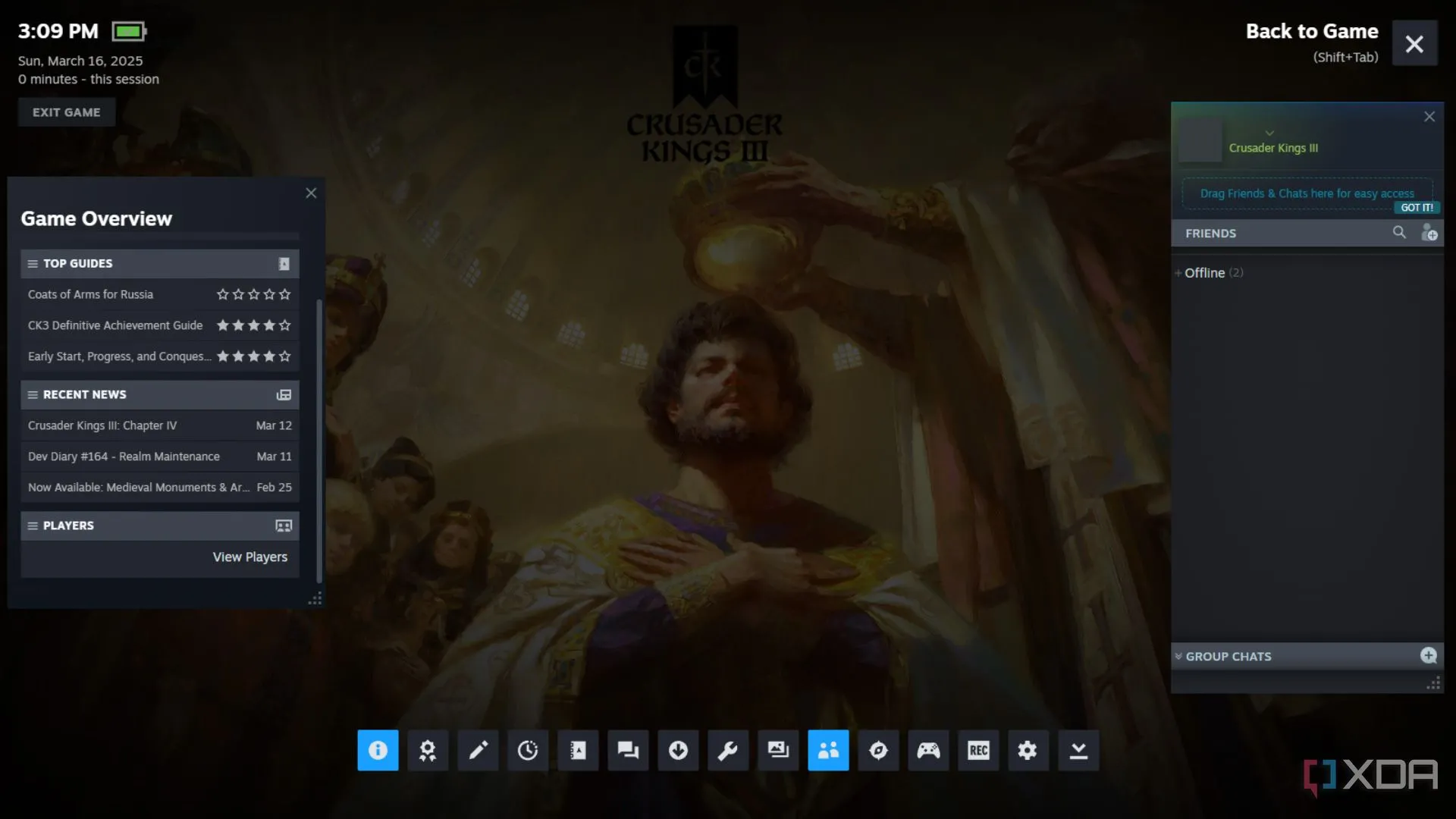 Giao diện Steam Overlay bật lên trên màn hình tải của Crusader Kings 3