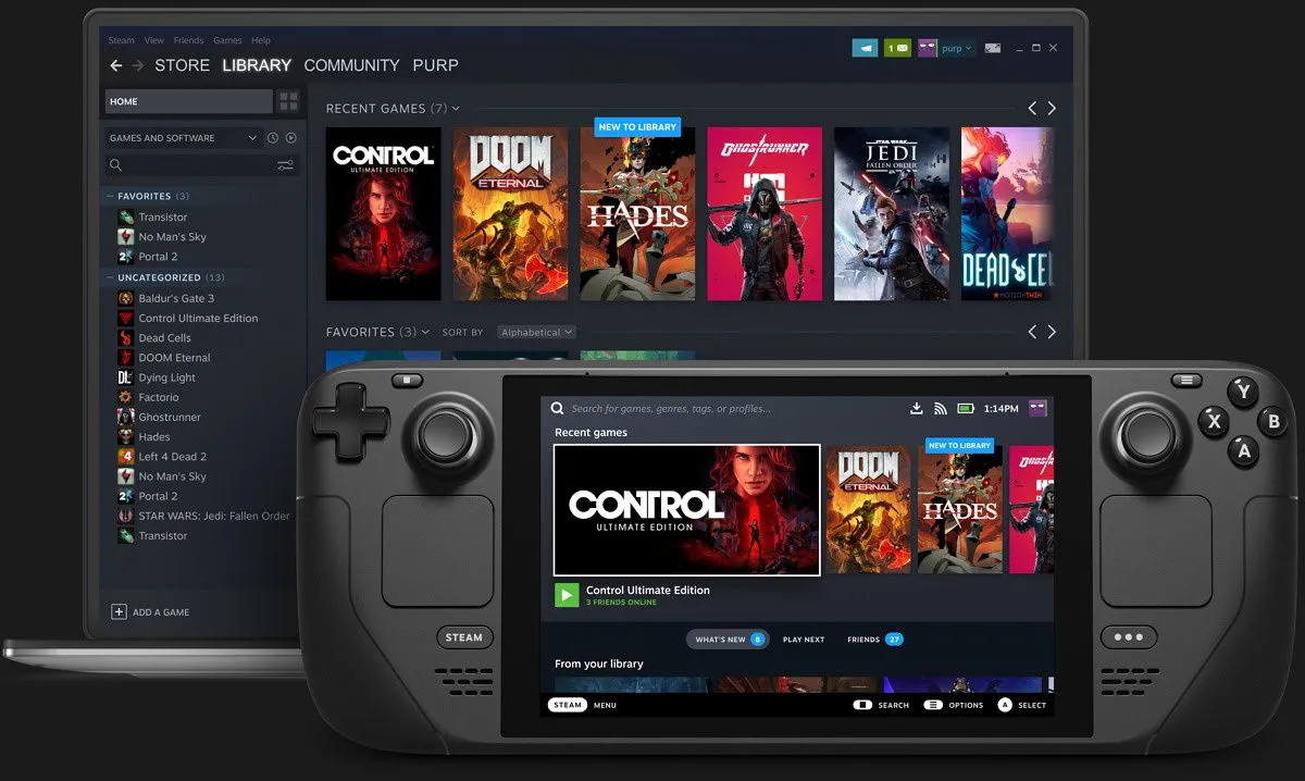 Giao diện Steam trên laptop và SteamOS trên Steam Deck, minh họa sự tiện lợi của nền tảng PC gaming di động