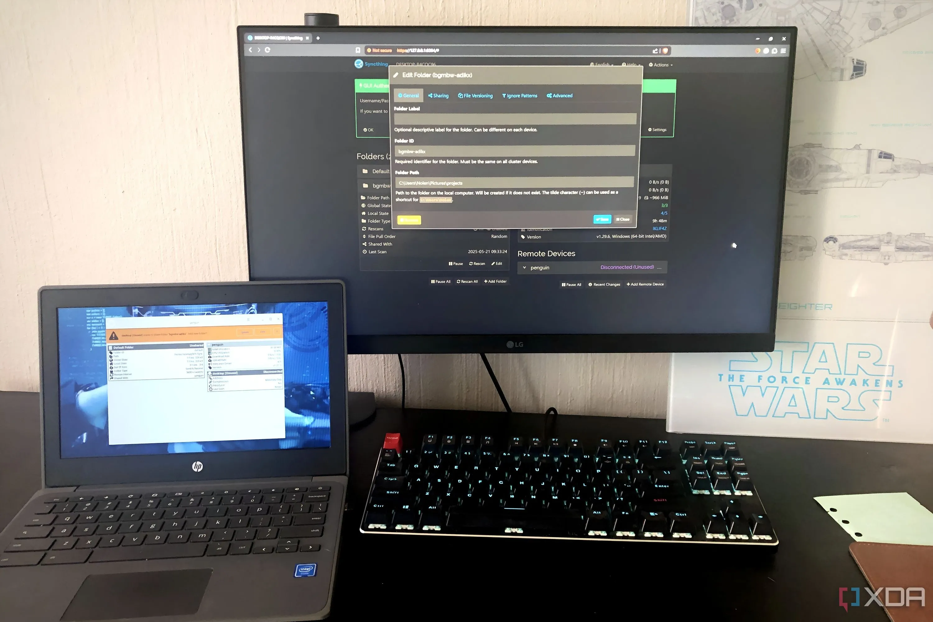 Giao diện Syncthing hiển thị trên máy tính Windows và màn hình Chromebook