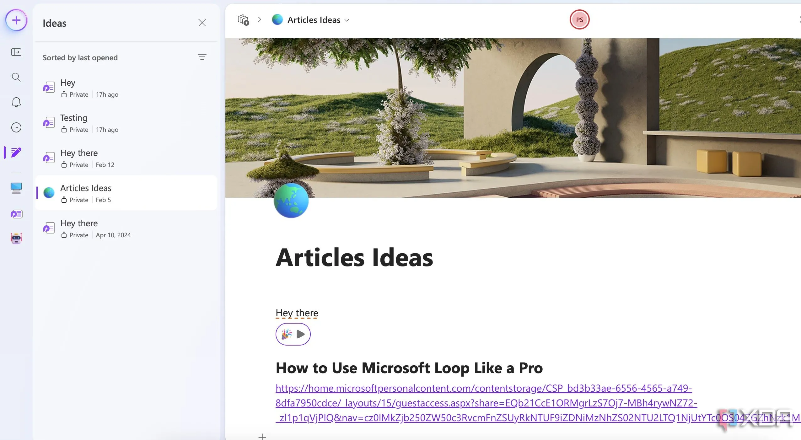 Giao diện tab &quot;Ideas&quot; trong Microsoft Loop, nơi người dùng có thể nhanh chóng ghi lại các ý tưởng và sắp xếp chúng sau