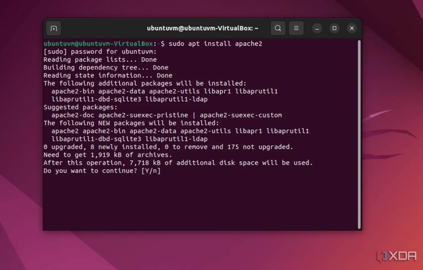 Giao diện Terminal Ubuntu hiển thị lệnh cài đặt sudo apt install, minh họa cho việc cần sử dụng dòng lệnh khi thiết lập Cloudflare Tunnel