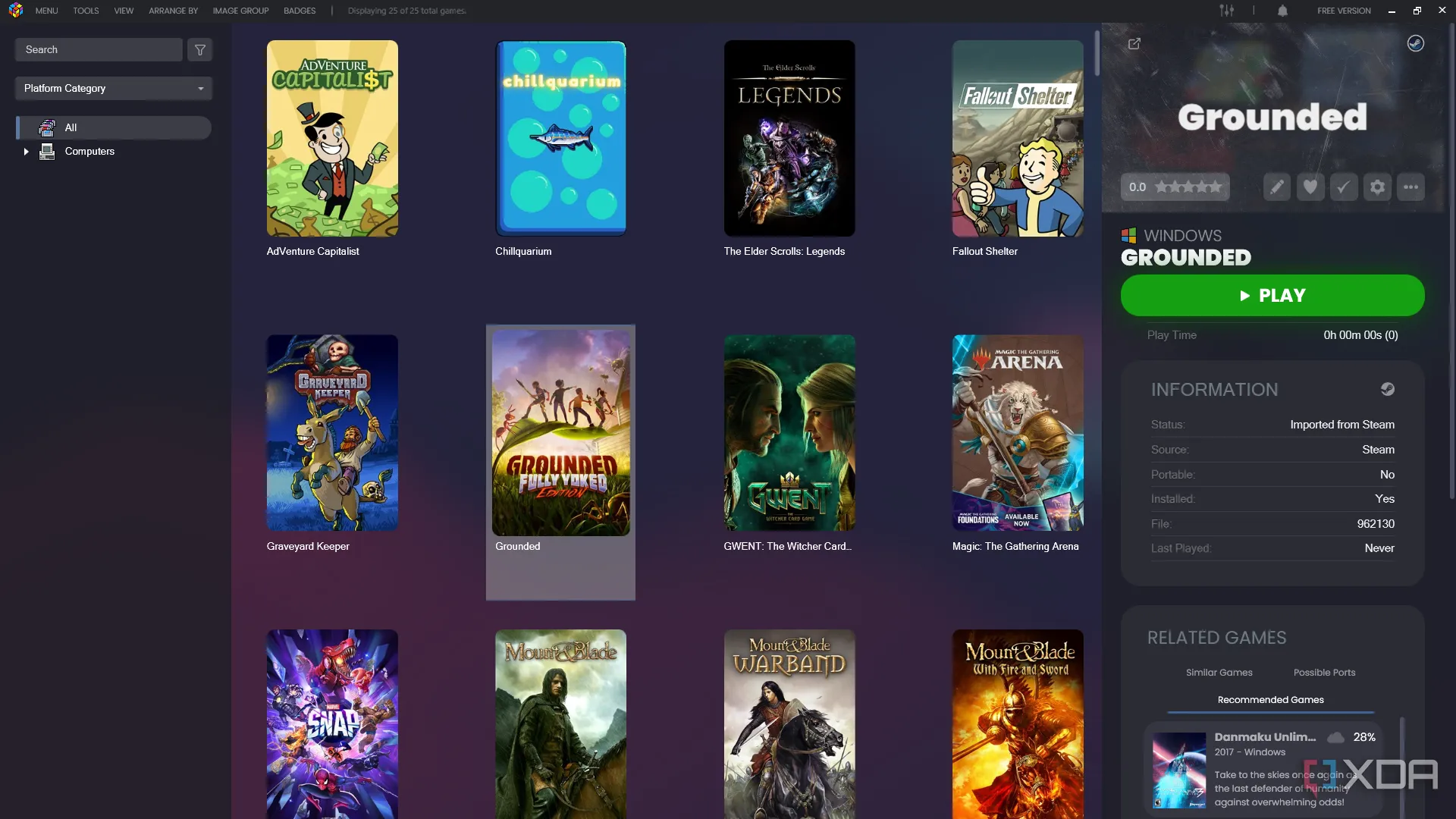 Giao diện thư viện game LaunchBox hiển thị các tựa game được sắp xếp khoa học trên PC mini-ITX