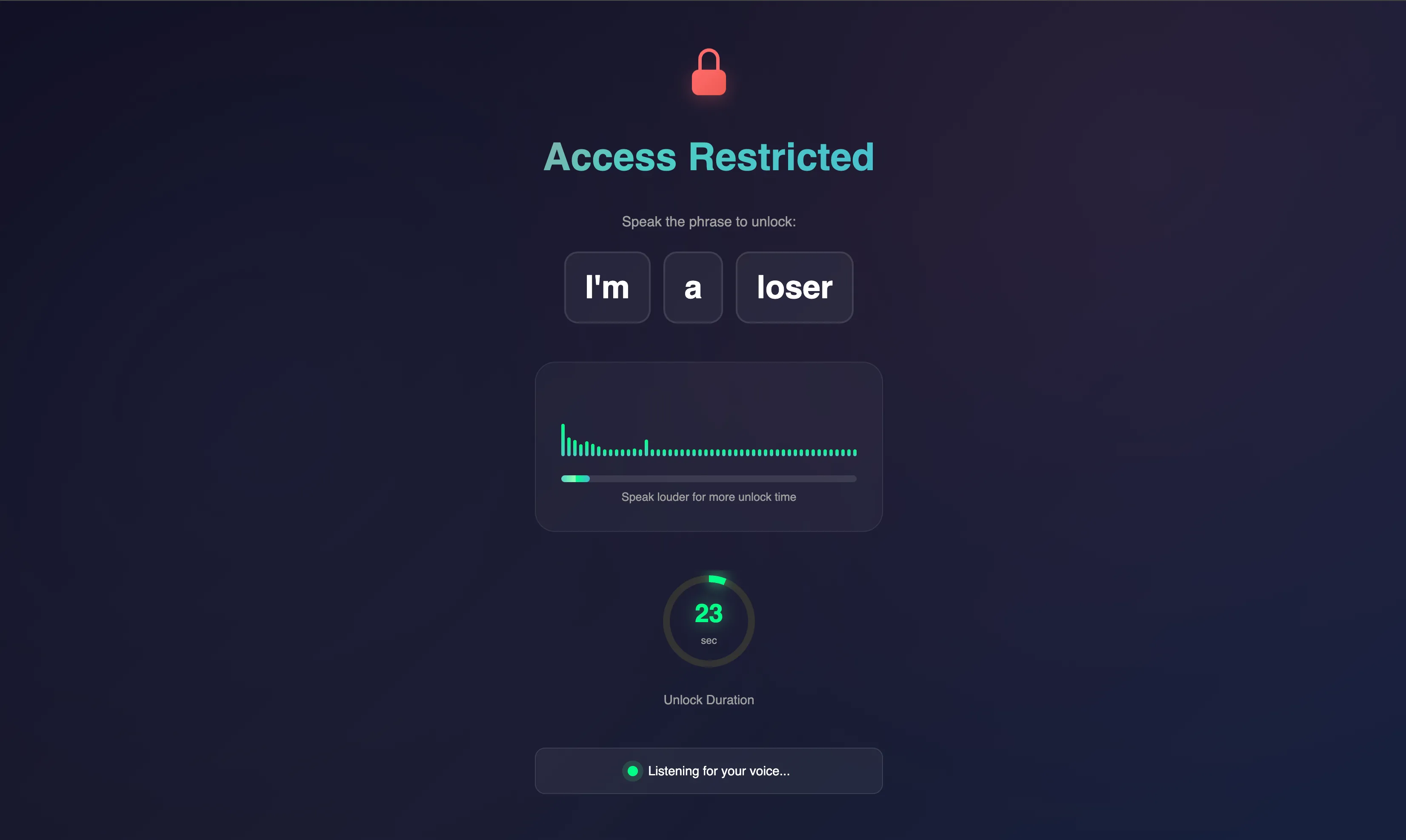 Giao diện tiện ích Scream to Unlock hiển thị yêu cầu người dùng hét lớn 'I'm a loser' để truy cập mạng xã hội.