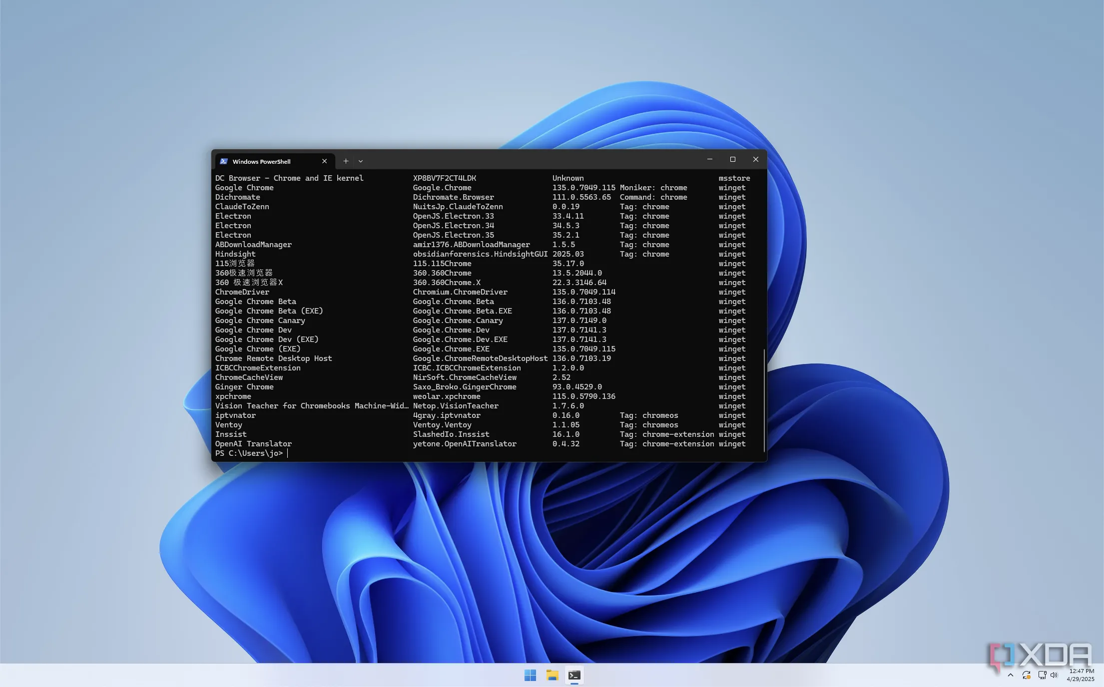 Giao diện tìm kiếm WinGet trên Windows 11 trong cửa sổ PowerShell