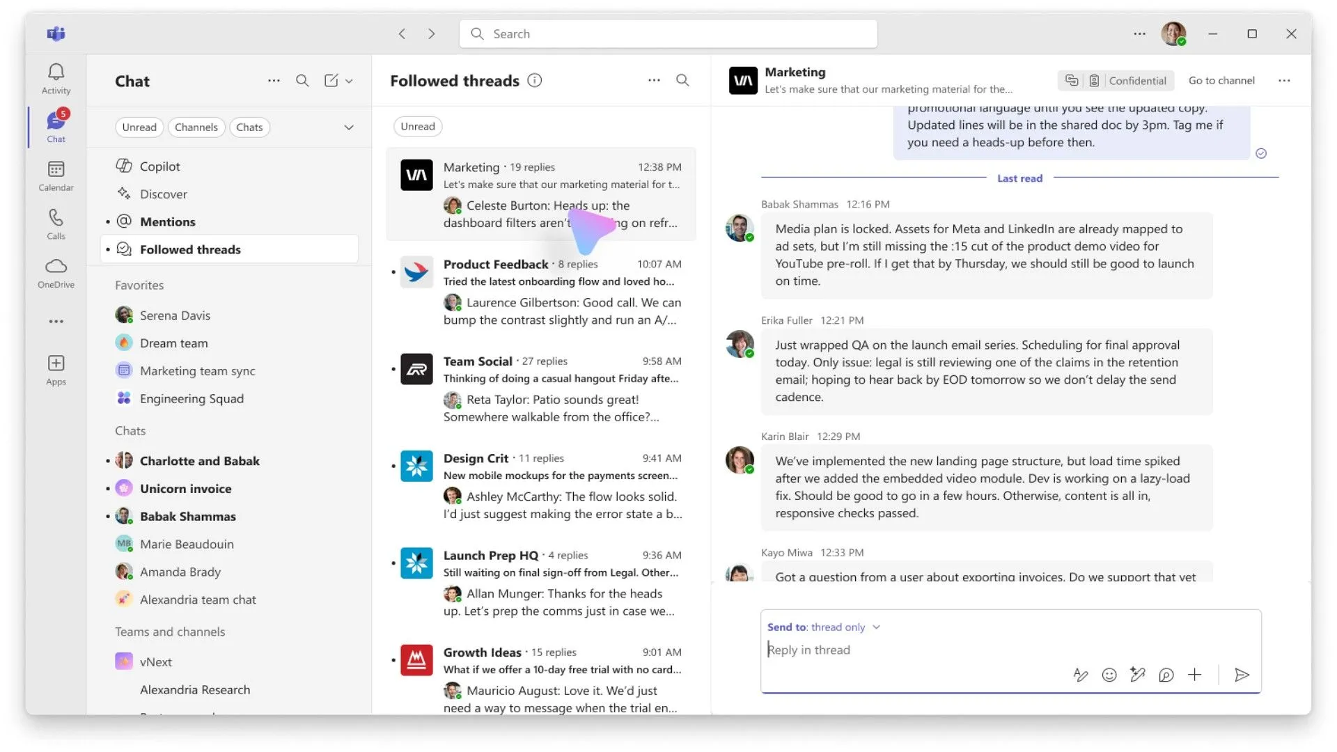 Giao diện tính năng Followed Threads (chuỗi hội thoại được theo dõi) trong Microsoft Teams