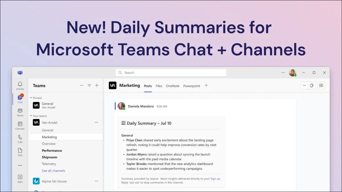 Giao diện tóm tắt tin nhắn và kênh Microsoft Teams hàng ngày do Read AI tạo ra bằng trí tuệ nhân tạo, hiển thị trên thiết bị di động