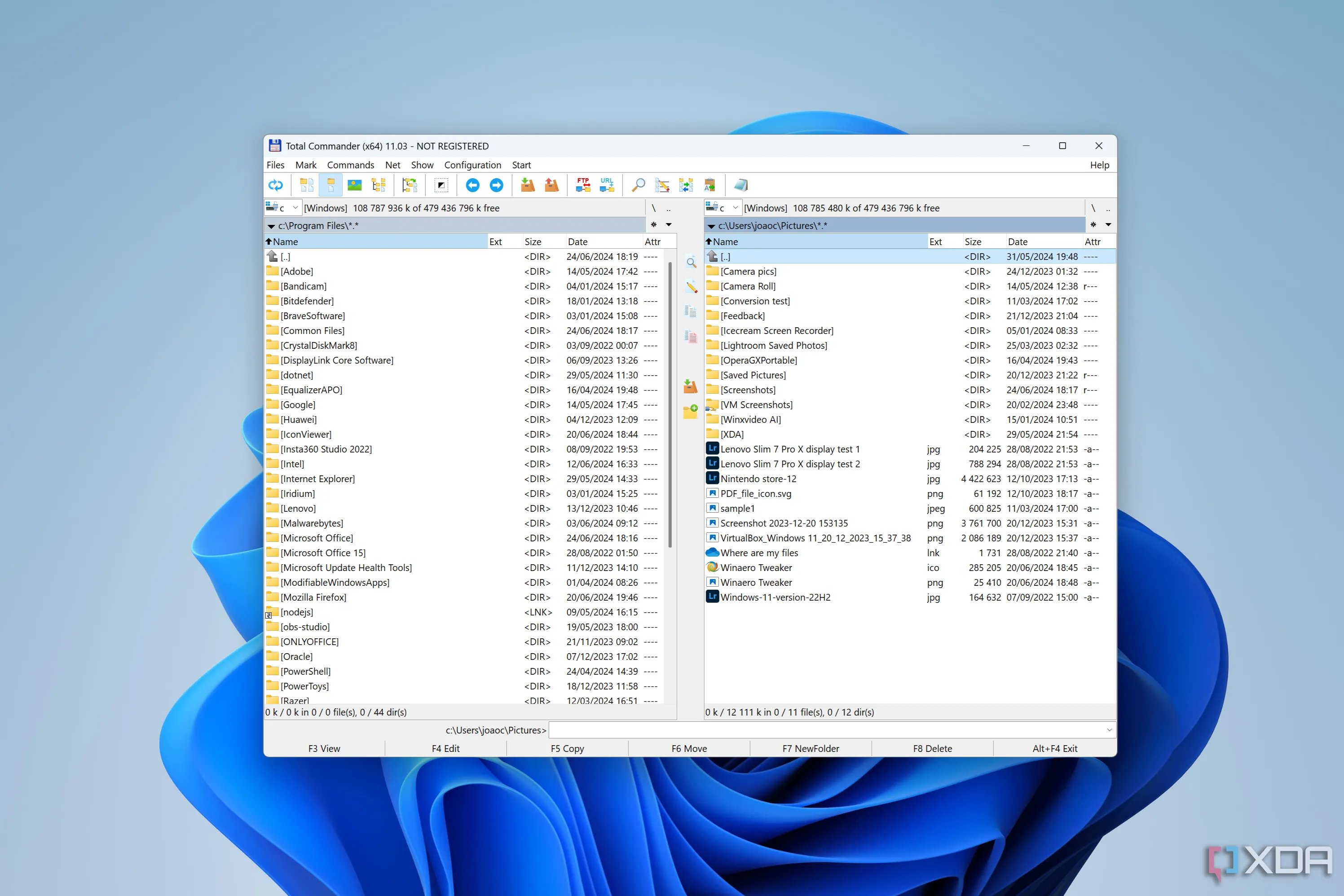 Giao diện Total Commander trên Windows 11 với hai ngăn hiển thị các thư mục