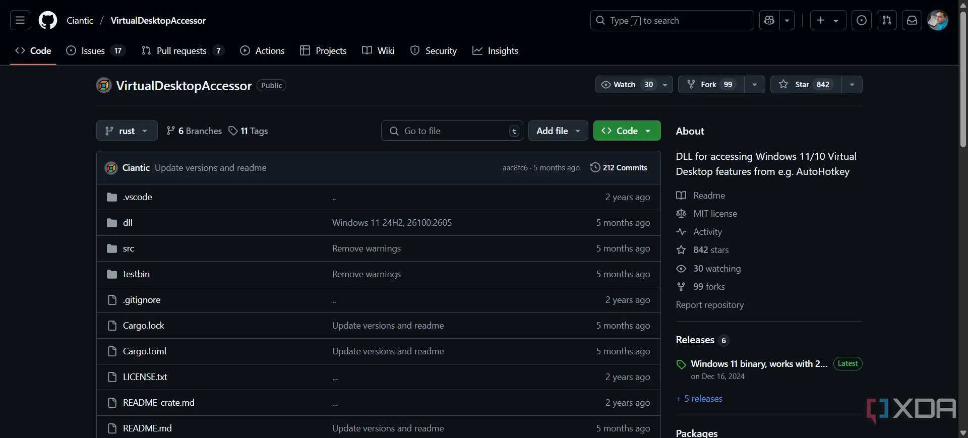 Giao diện trang GitHub của VirtualDesktopAccessor, công cụ quản lý màn hình ảo Windows