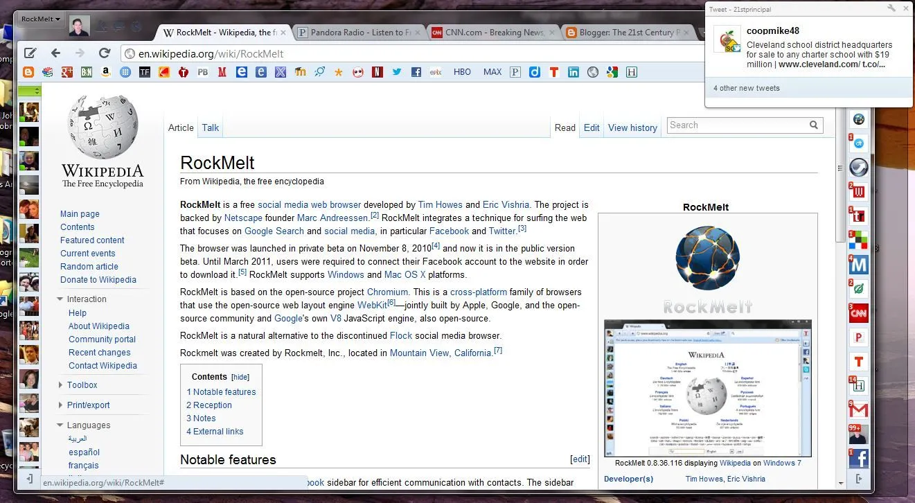 Giao diện trình duyệt Rockmelt hiển thị trang Wikipedia với các tính năng tích hợp mạng xã hội