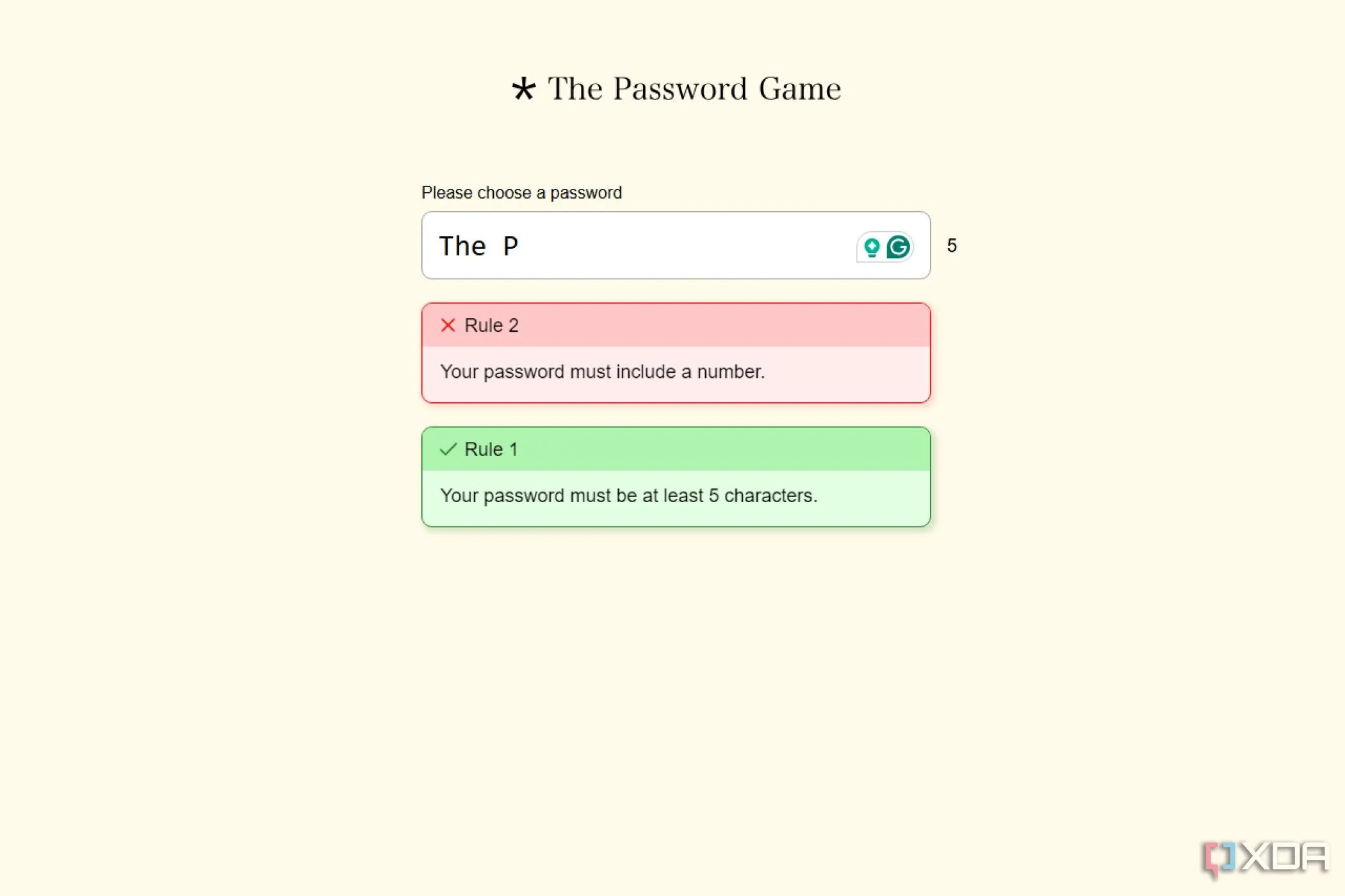Giao diện trò chơi The Password Game với ô nhập mật khẩu và danh sách dài các quy tắc phức tạp cần tuân thủ