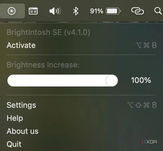 Giao diện ứng dụng Brightintosh trên thanh menu của macOS, hiển thị nút &quot;Activate&quot; để kích hoạt chế độ tăng độ sáng
