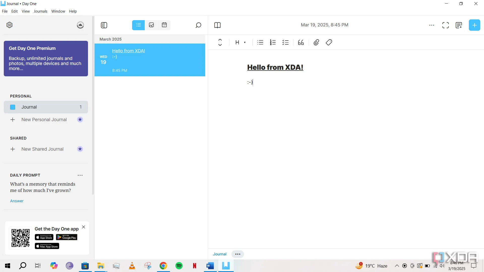 Giao diện ứng dụng ghi nhật ký số Day One đang chạy trên hệ điều hành Windows