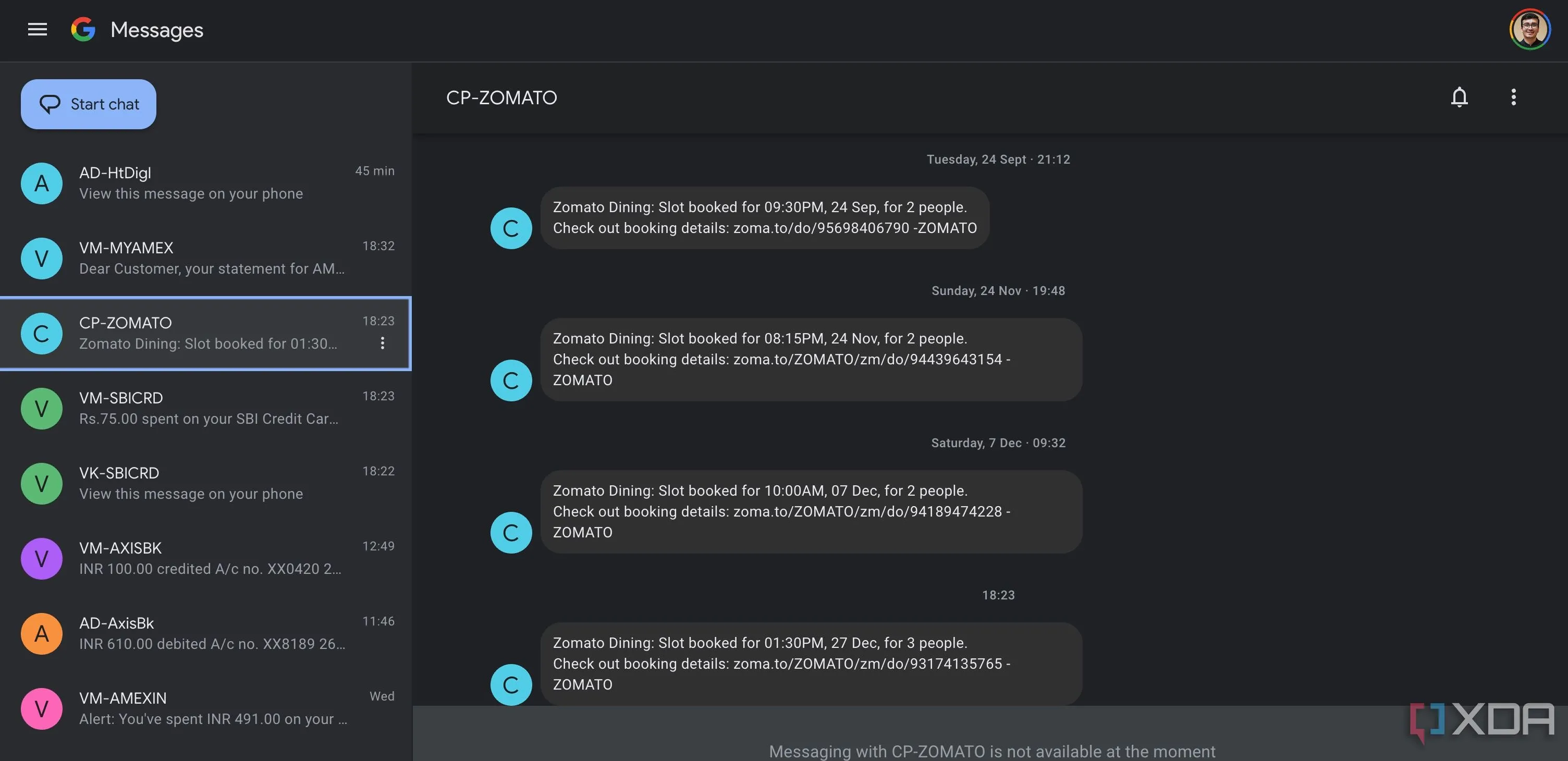 Giao diện ứng dụng Google Messages trên web, cho phép người dùng nhắn tin từ máy tính Mac với điện thoại Android.