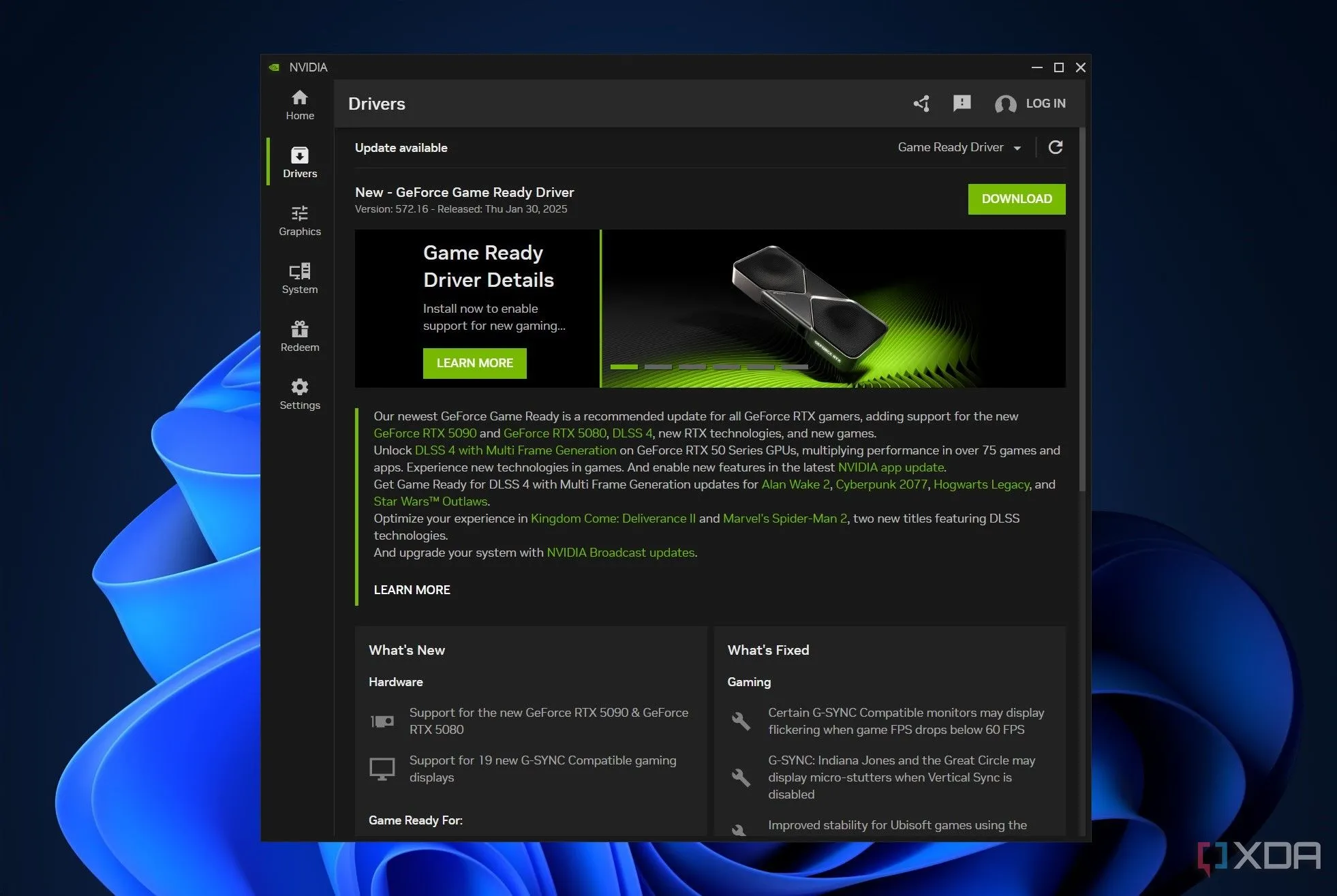 Giao diện ứng dụng NVIDIA GeForce Experience hiển thị tùy chọn cập nhật driver đồ họa mới nhất, tăng cường hiệu suất chơi game.