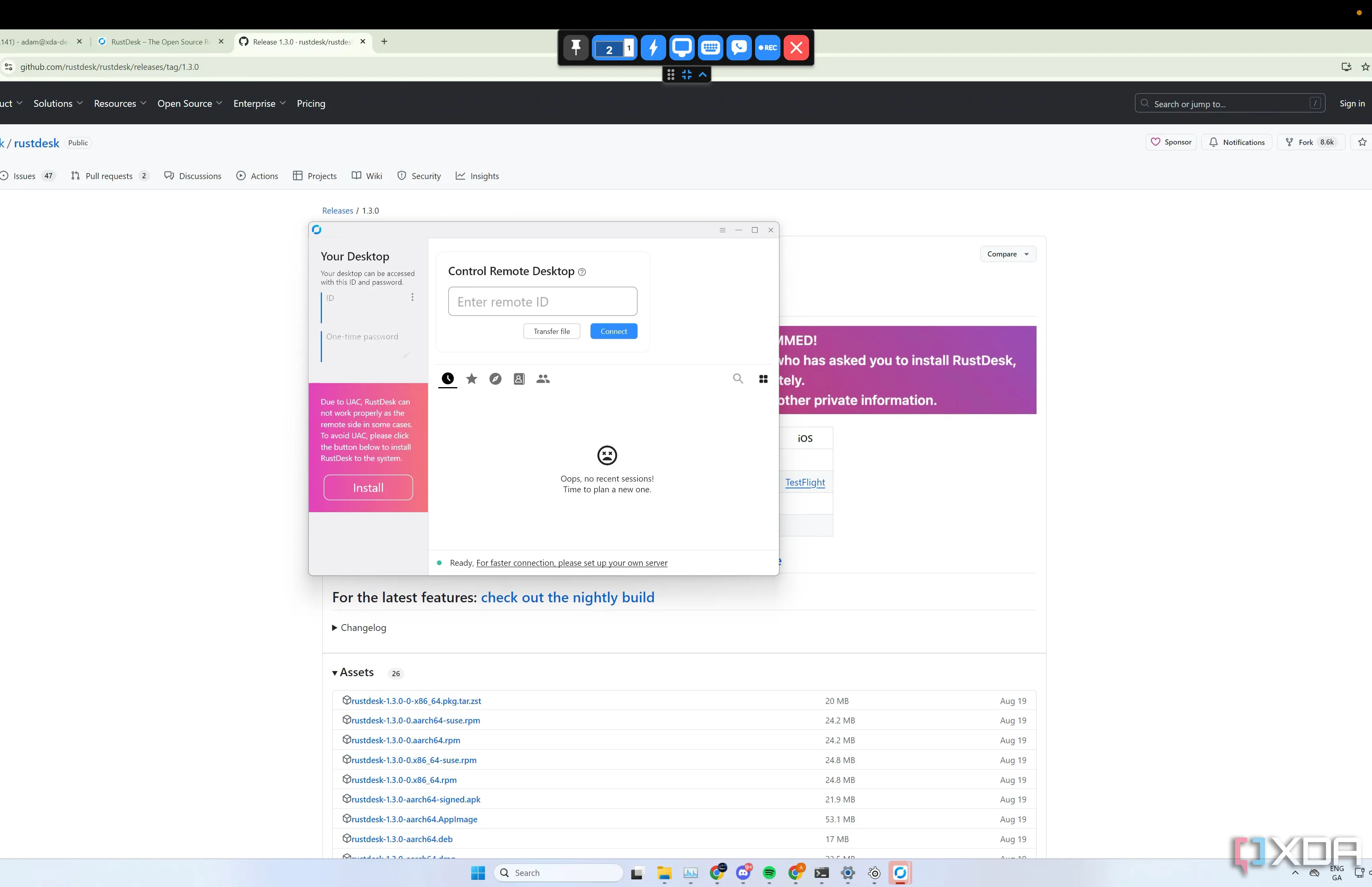 Giao diện ứng dụng RustDesk đang hoạt động trên hệ điều hành Windows