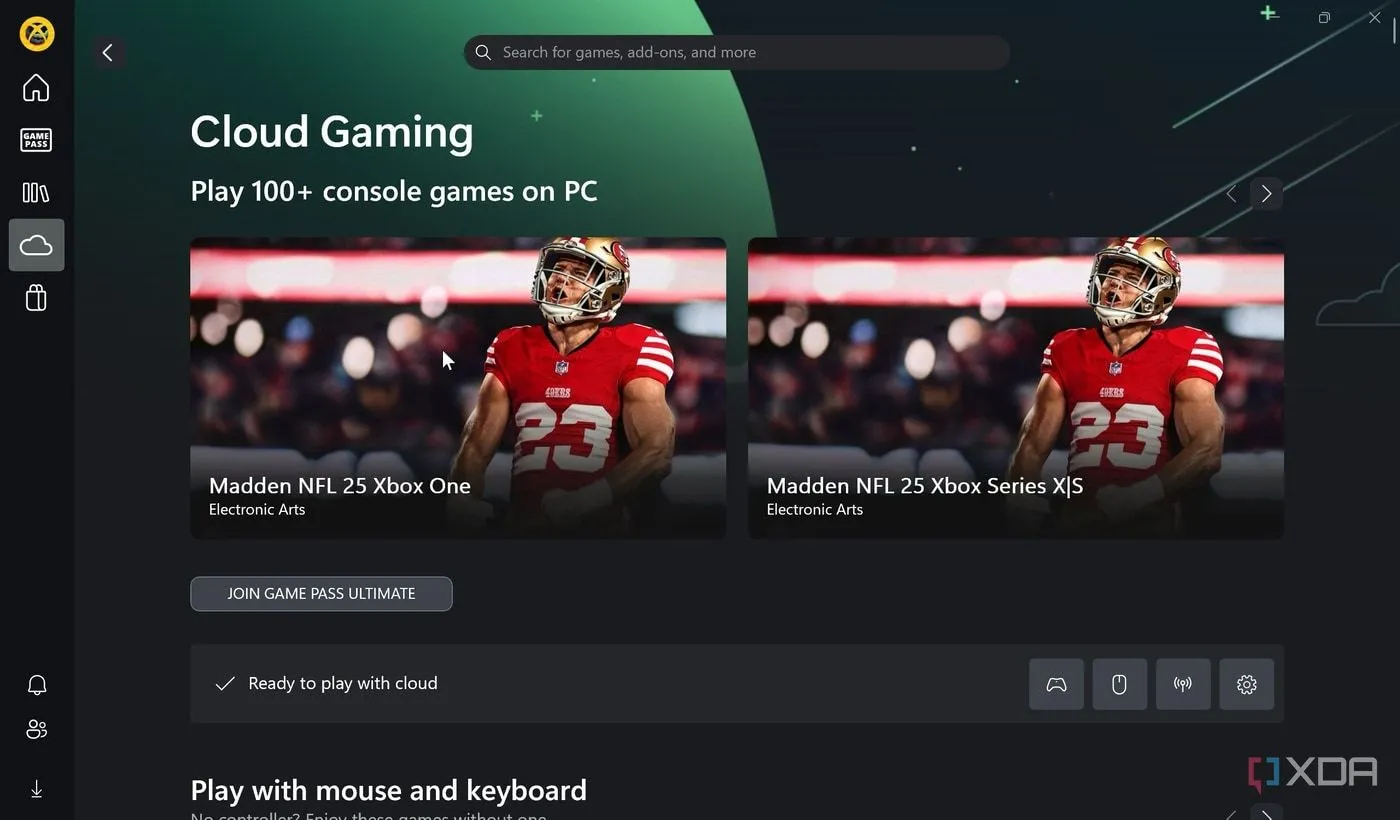 Giao diện ứng dụng Xbox trên Windows 11 hiển thị các tựa game hỗ trợ chơi đám mây