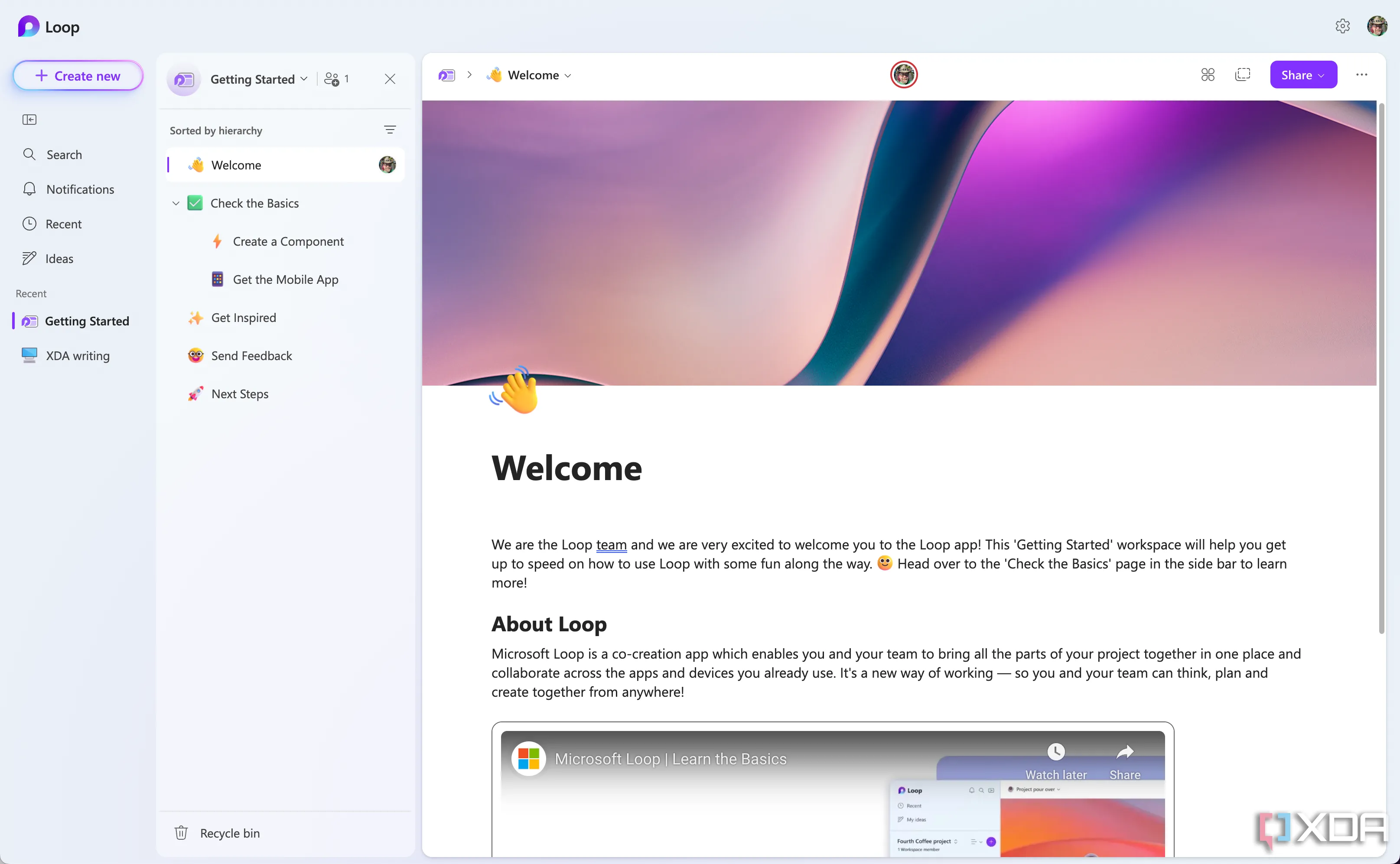 Giao diện web của Microsoft Loop, thể hiện không gian làm việc và việc thiếu tính năng nhắc nhở cơ bản