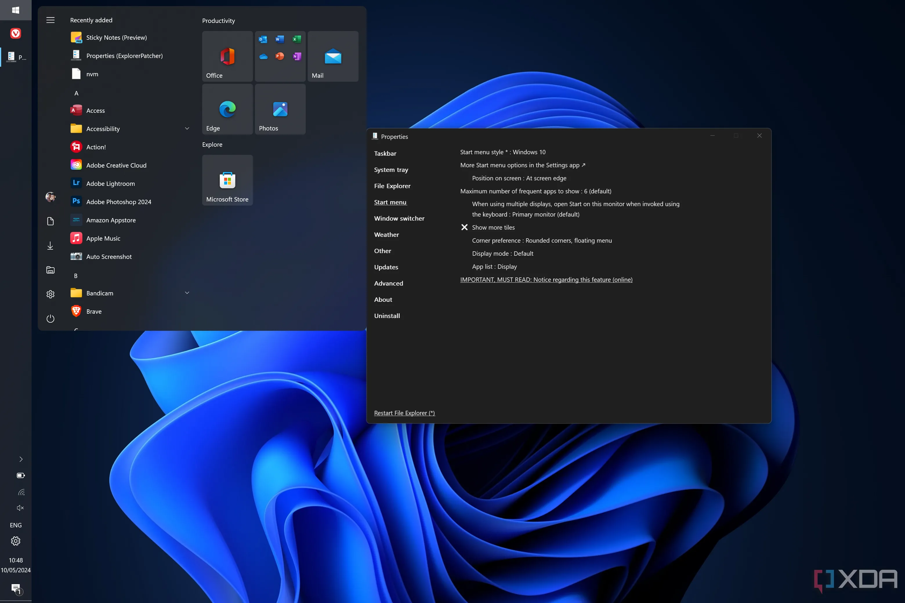 Giao diện Windows 11 được tùy biến với thanh Taskbar di chuyển sang trái và Menu Start kiểu Windows 10 nhờ ứng dụng ExplorerPatcher