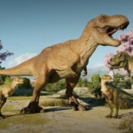 Giao diện xây dựng công viên khủng long trong Jurassic World Evolution 3 với các tùy chọn công trình và đường đi.