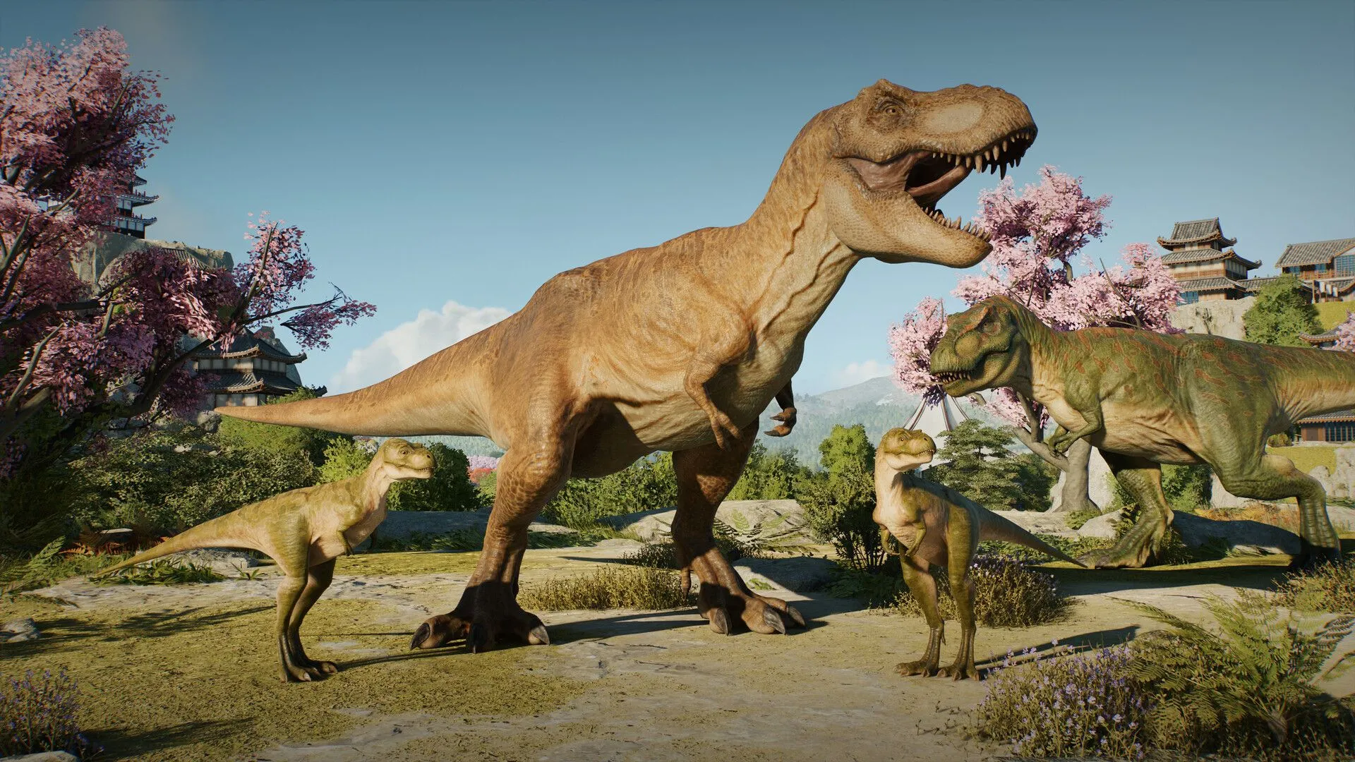 Giao diện xây dựng công viên khủng long trong Jurassic World Evolution 3 với các tùy chọn công trình và đường đi.