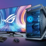 Góc chơi game PC với màn hình lớn và bàn phím cơ