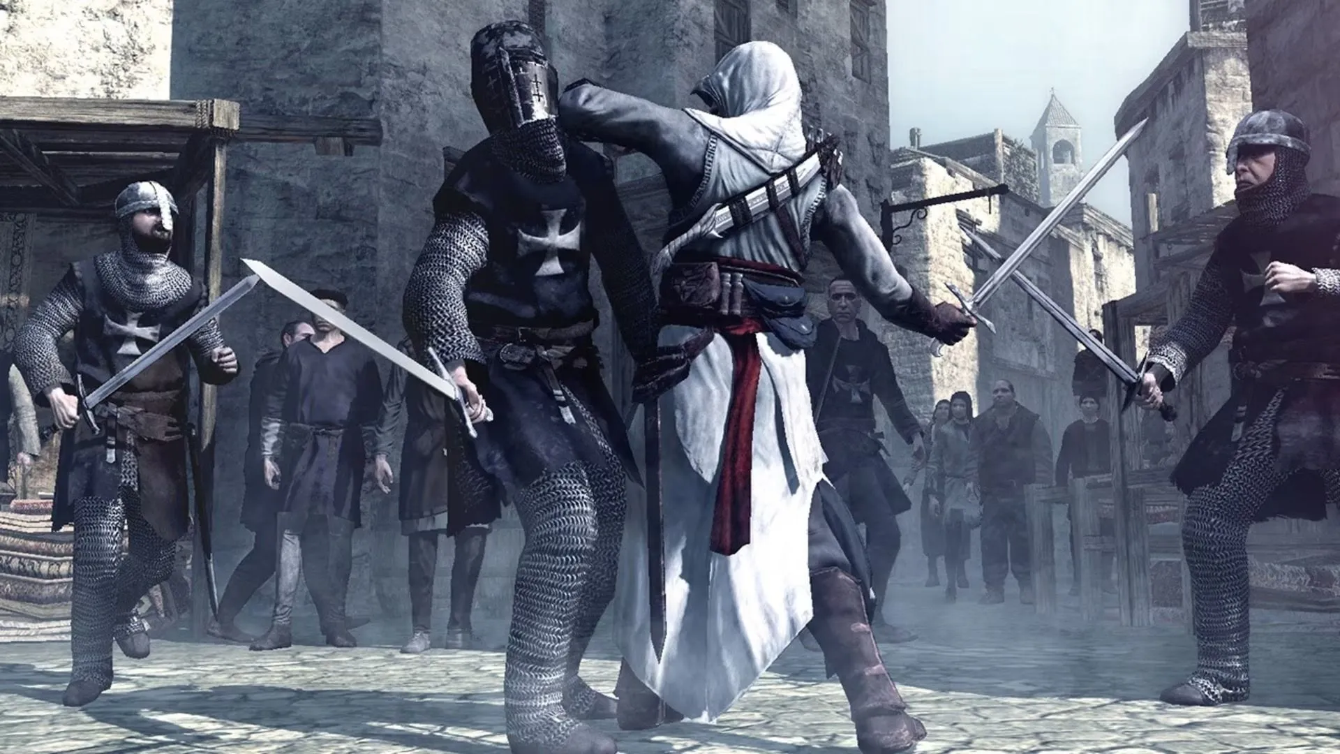 Góc nhìn cận cảnh Altaïr trong Assassin's Creed, nhấn mạnh chi tiết trang phục và vũ khí đặc trưng của Hiệp hội Sát thủ.
