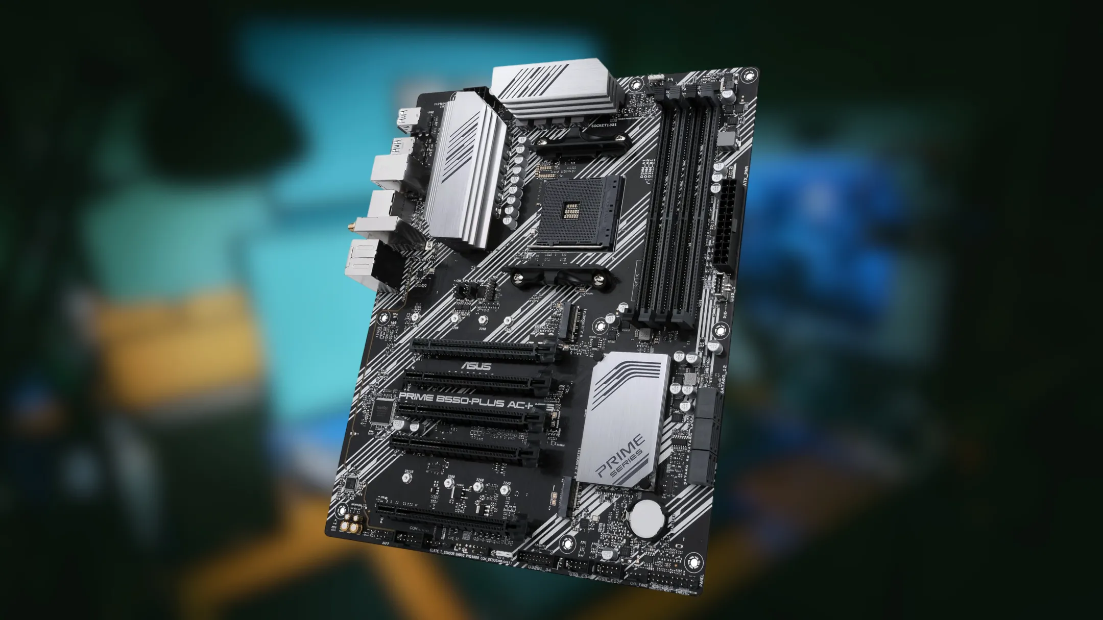 Góc nhìn cận cảnh bo mạch chủ ASUS Prime B550-PLUS, nổi bật các tản nhiệt và khe cắm M.2
