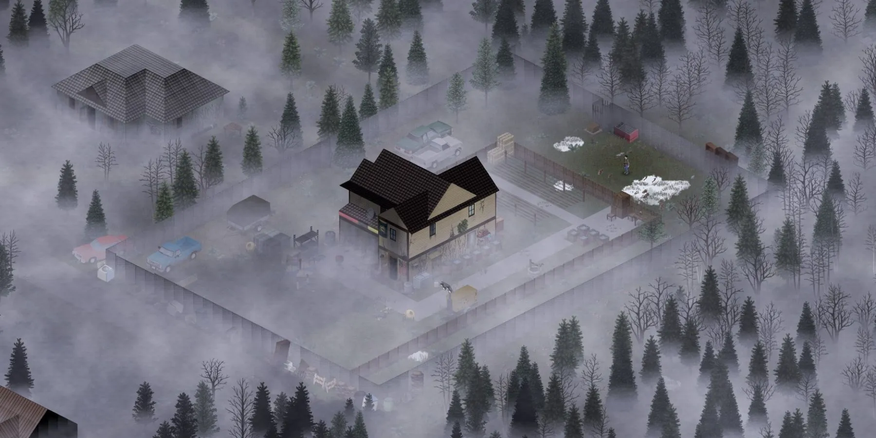 Góc nhìn isometric của một ngôi nhà kiên cố trong sương mù của Project Zomboid
