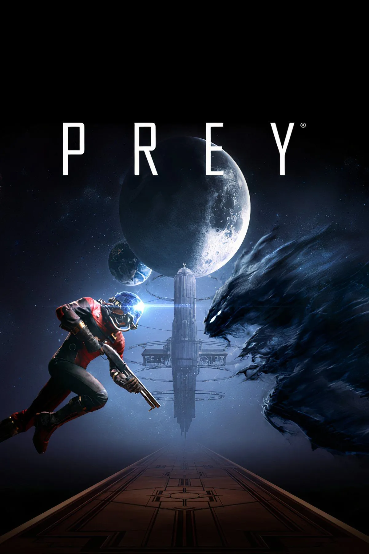 Góc nhìn thứ nhất trong game Prey, nhân vật cầm súng nhìn một chiếc cốc cà phê bị biến đổi thành sinh vật Mimic trong môi trường không gian u ám.