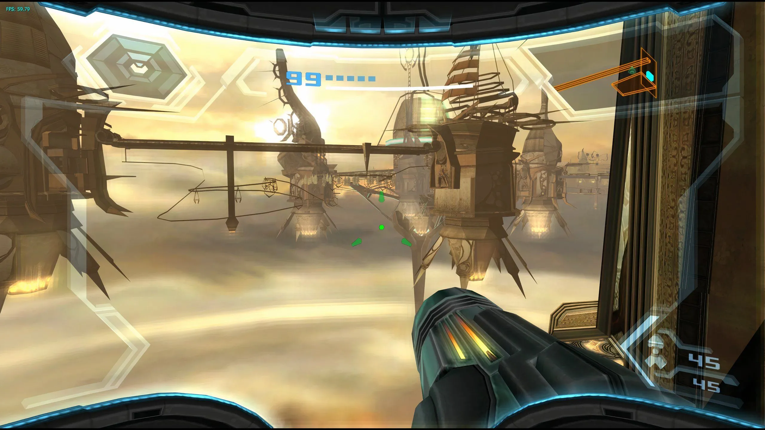 Góc nhìn thứ nhất trong Metroid Prime 3, hiển thị HUD và môi trường đồ họa chi tiết, thể hiện trải nghiệm nhập vai sâu sắc mà game mang lại.