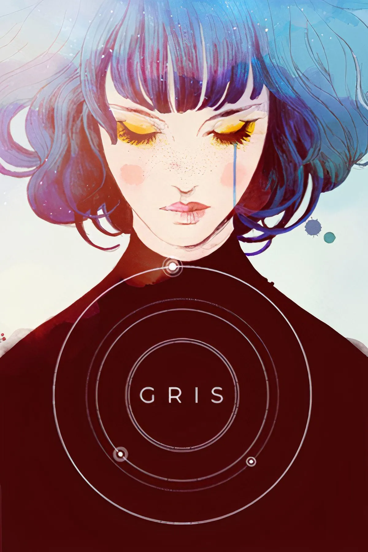 Gris với hình ảnh cô gái tóc xanh nổi bật trên nền cảnh quan phong cách màu nước đầy mê hoặc.