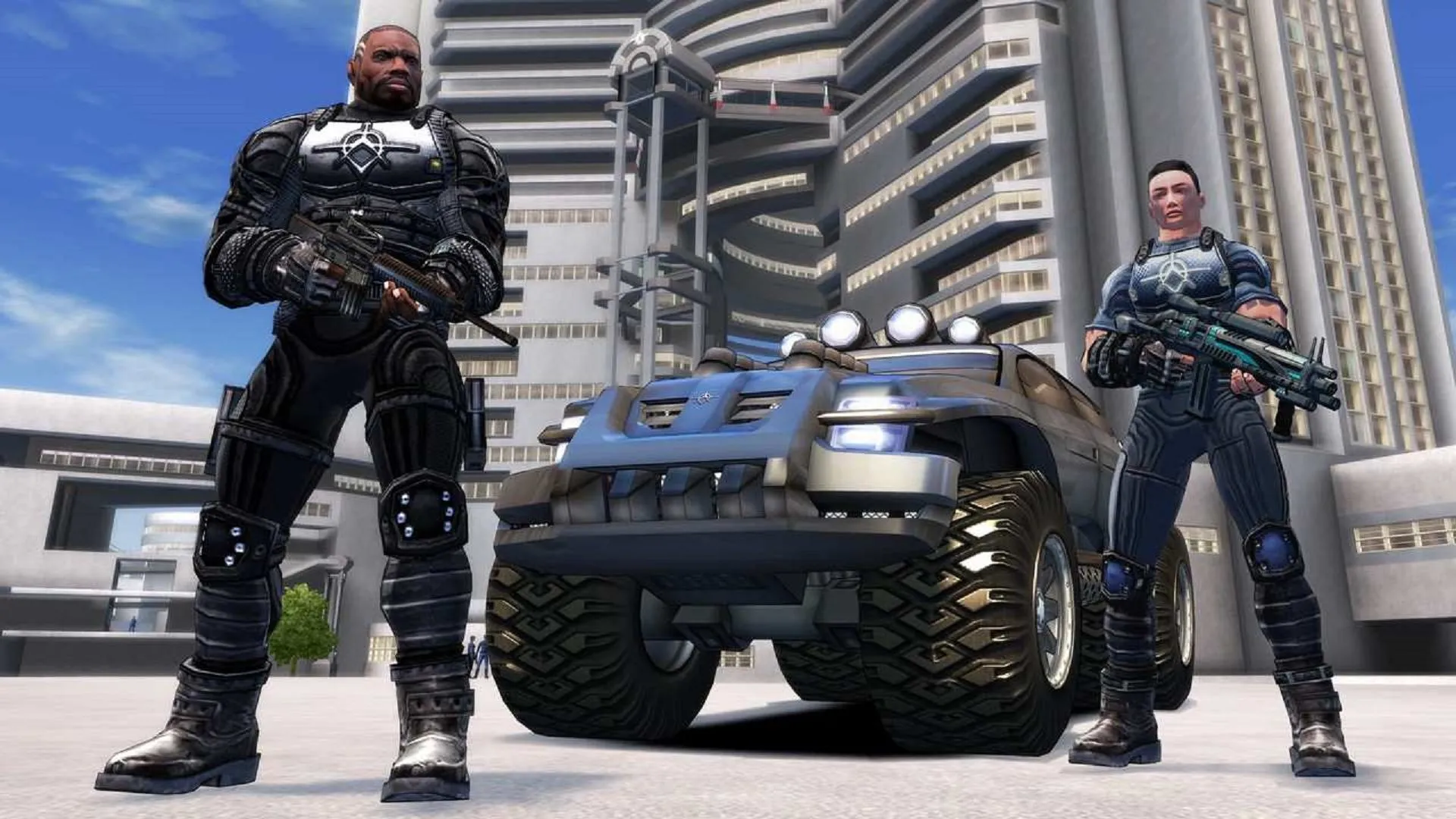 Hai binh lính Crackdown bên cạnh xe tải
