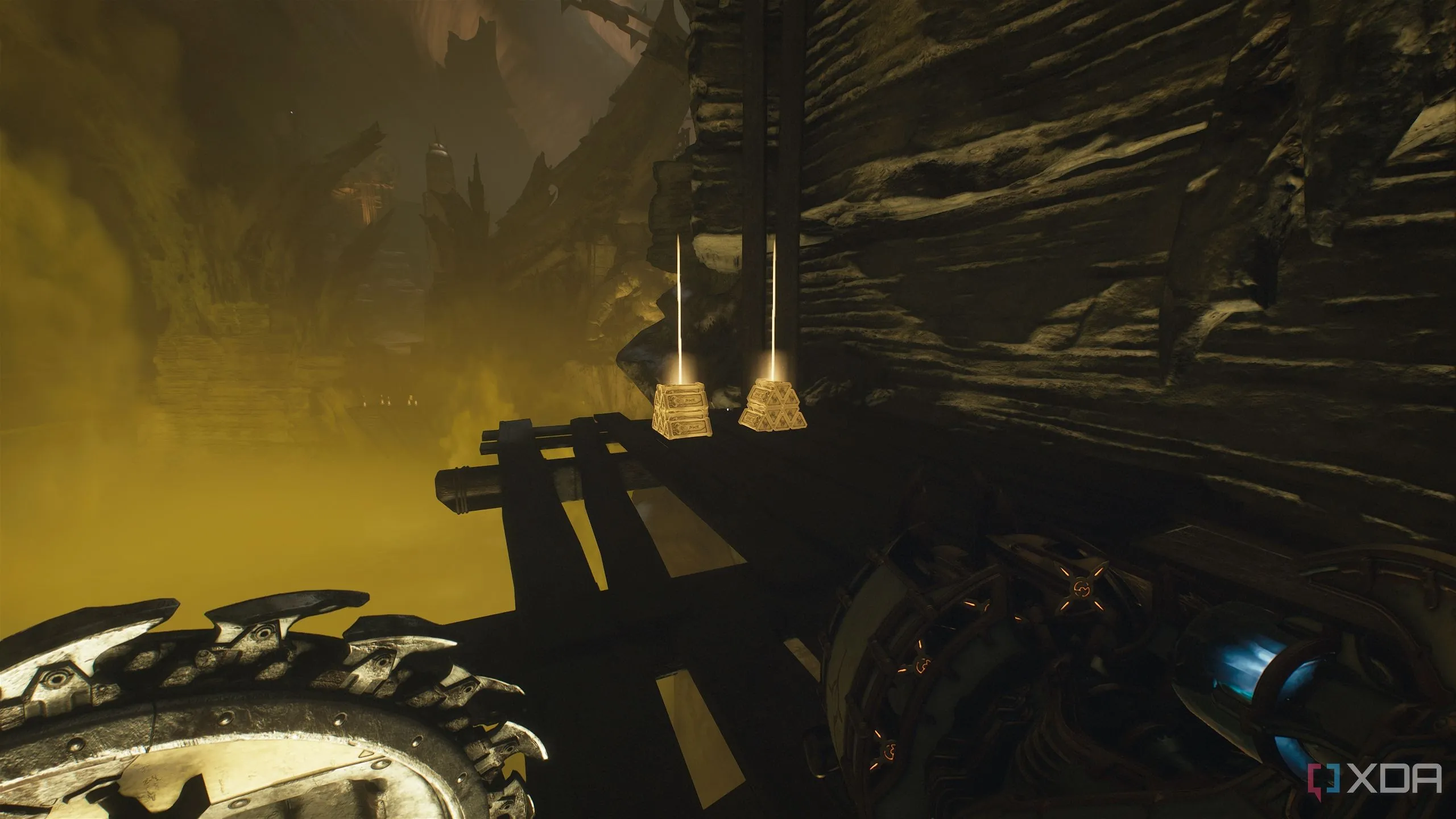 Hai cọc vàng trên nền gỗ trong Doom The Dark Ages