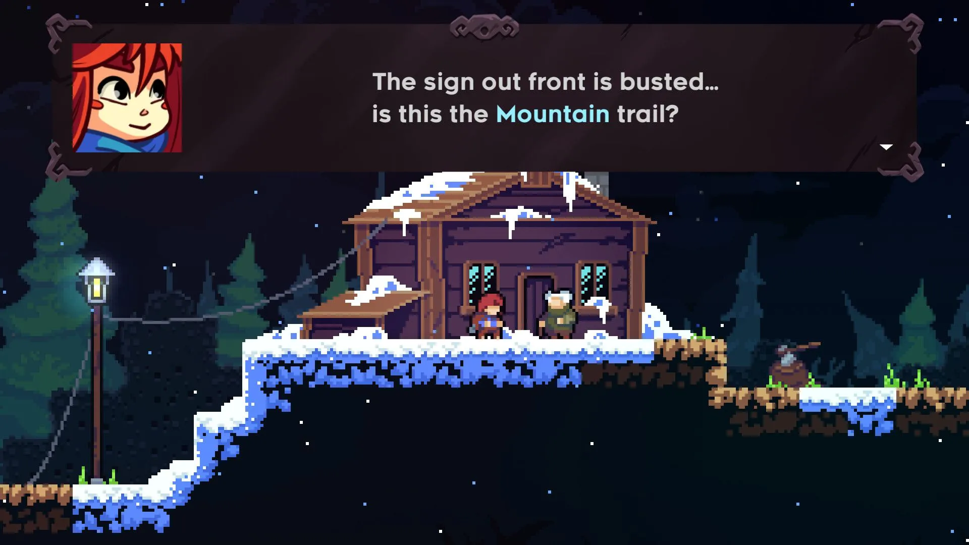Hai nhân vật đang trò chuyện trong cabin tuyết trắng của game Celeste, hiển thị hộp thoại.