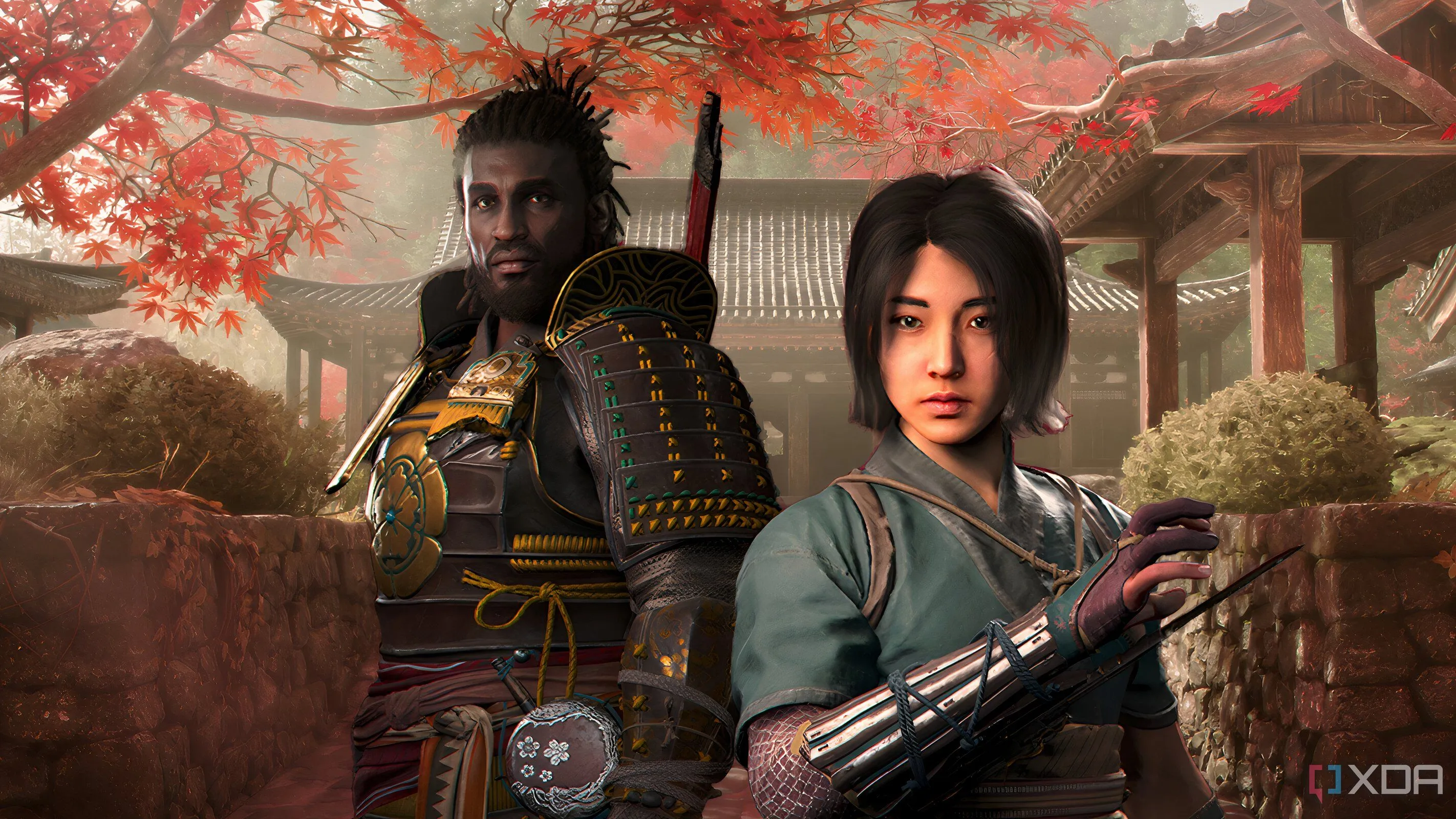 Hai nhân vật Yasuke và Naoe đứng cạnh nhau, thể hiện lối chơi đa dạng trong Assassin's Creed Shadows.