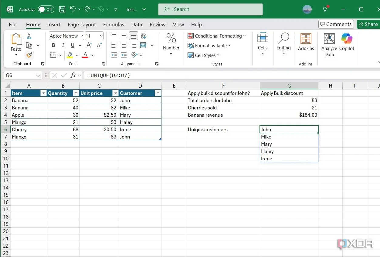 Hàm UNIQUE trong Excel hiển thị danh sách tên khách hàng không trùng lặp từ một tập dữ liệu.