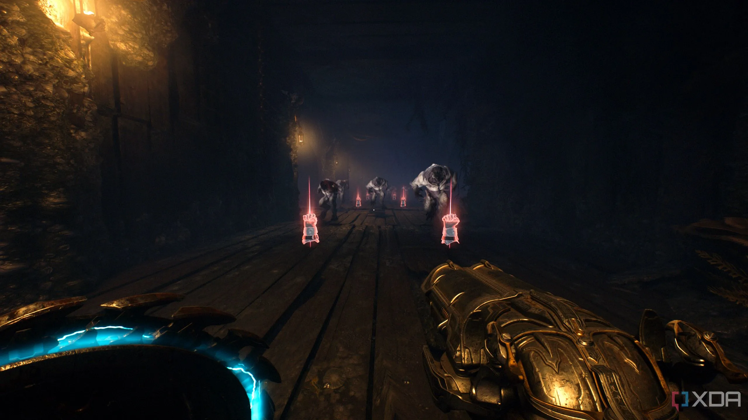 Hành lang đầy Hellknights và đạn Melee Charge trong chương 17 Doom The Dark Ages.