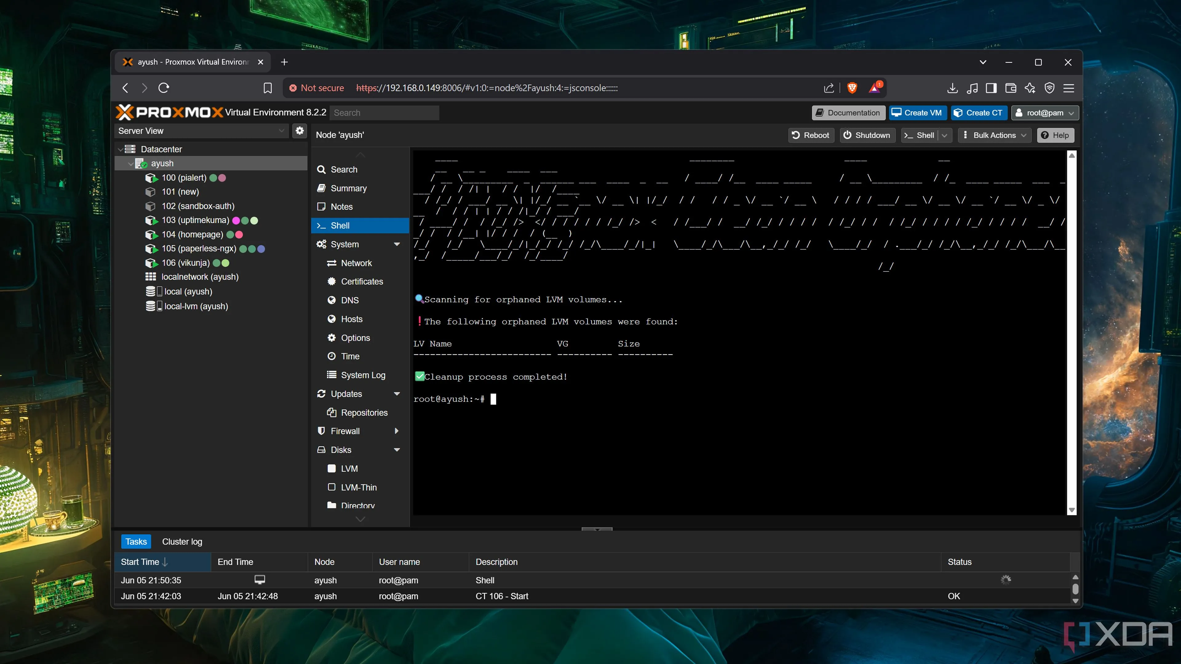 Hiển thị quá trình thực thi script Proxmox Clean Orphaned LVM để dọn dẹp bộ nhớ
