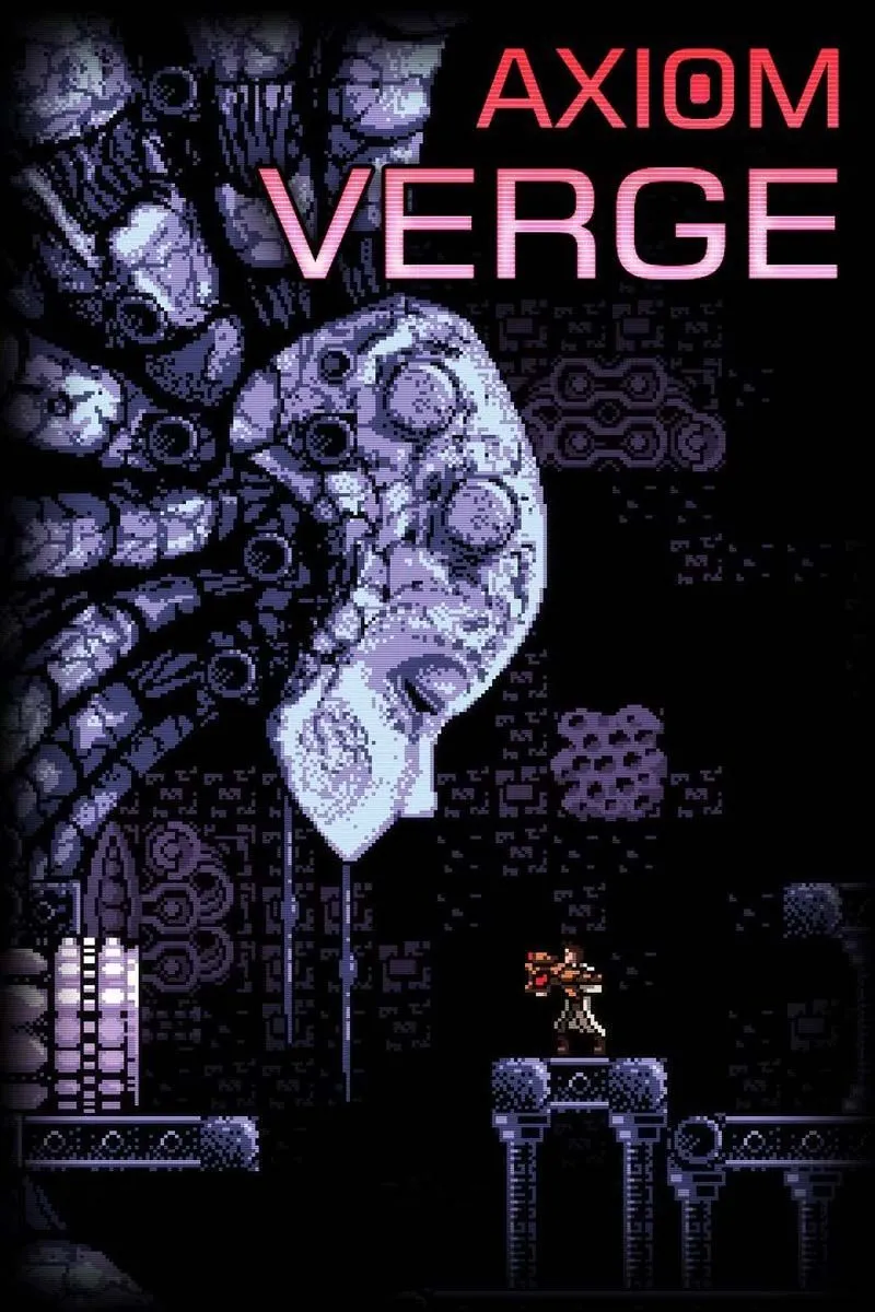 Hình ảnh Axiom Verge hiển thị nhân vật chính trong một môi trường khoa học viễn tưởng pixel art