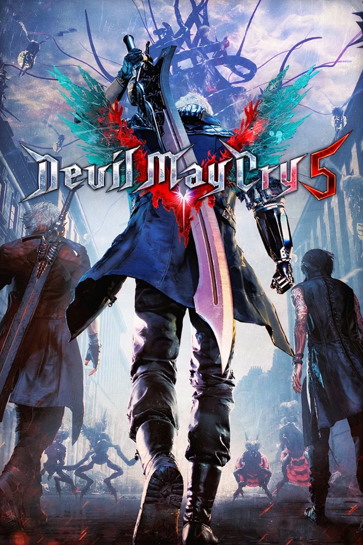 Hình ảnh bìa của game Devil May Cry 5 với Dante, Nero và V, thể hiện phong cách hành động đặc trưng của series.
