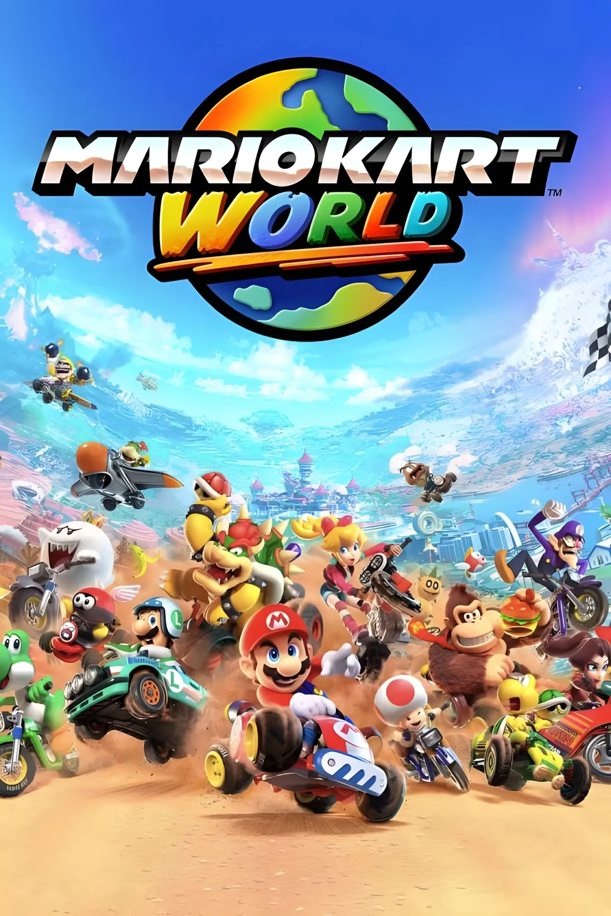 Hình ảnh bìa game Mario Kart World trên Nintendo Switch 2 với các nhân vật đua xe đầy màu sắc.