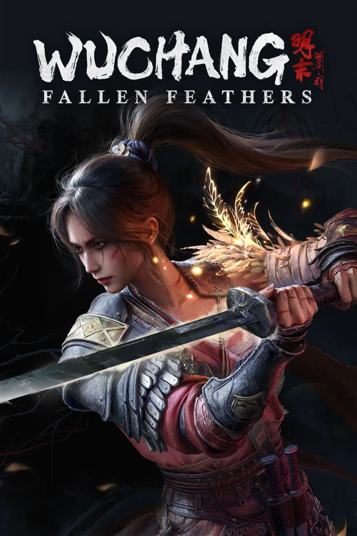 Hình ảnh bìa game Wuchang: Fallen Feathers với nhân vật chính và bối cảnh Trung Quốc phong kiến u ám, nhấn mạnh không khí Soulslike.