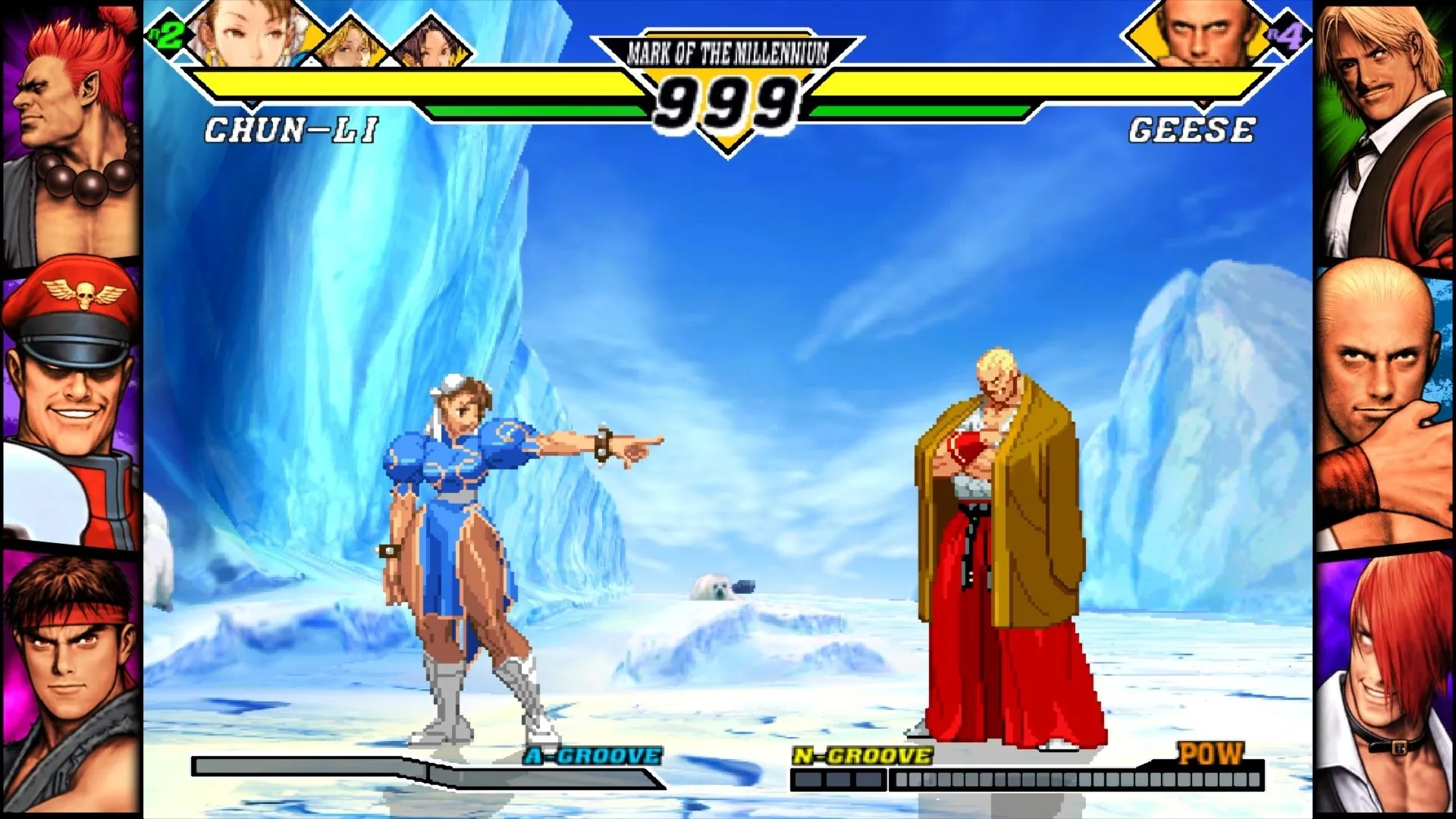 Hình ảnh chơi online trong Capcom Fighting Collection 2, cho thấy trận đấu giữa hai người chơi.