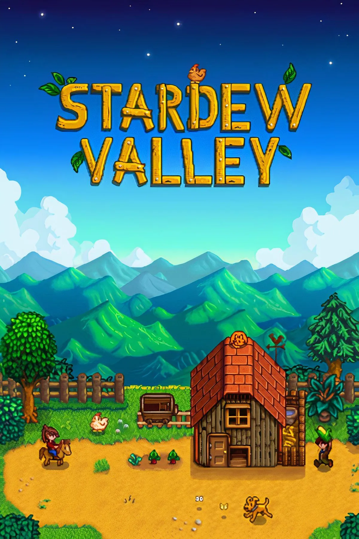 Hình ảnh của game Stardew Valley, hiển thị một khung cảnh trang trại ấm cúng với các hoạt động trồng trọt và nhân vật