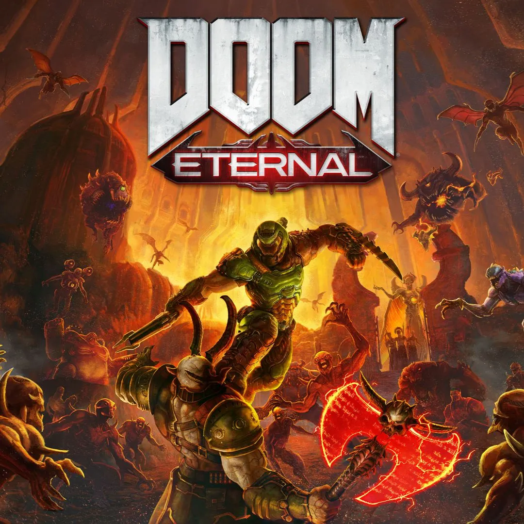 Hình ảnh Doom Slayer với vũ khí trong tay, đối đầu với bầy quỷ dữ trong môi trường u tối, thể hiện sự dữ dằn và tàn bạo của chế độ Ultra Nightmare trong Doom Eternal.