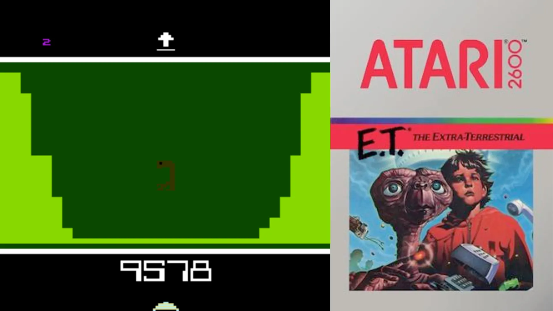 Hình ảnh game E.T. The Extra-Terrestrial trên Atari 2600 cùng với bìa game